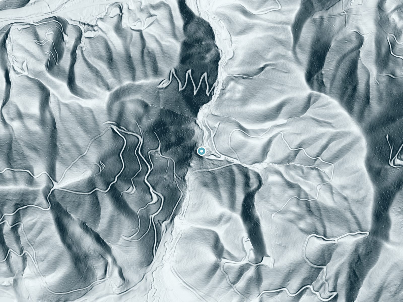 LiDAR bare-earth terrain around Burningtown Falls near Franklin, North Carolina, showing about 174 feet of drop, a steep tiered drop, facing northeast