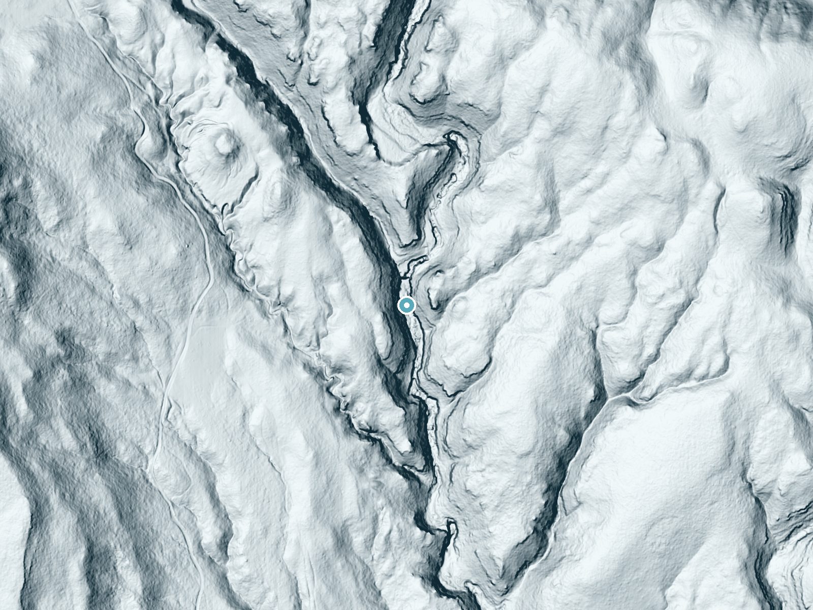 LiDAR bare-earth terrain around The Falls near Timberlake, New Mexico, showing about 146 feet of drop, a steep tiered drop, facing south