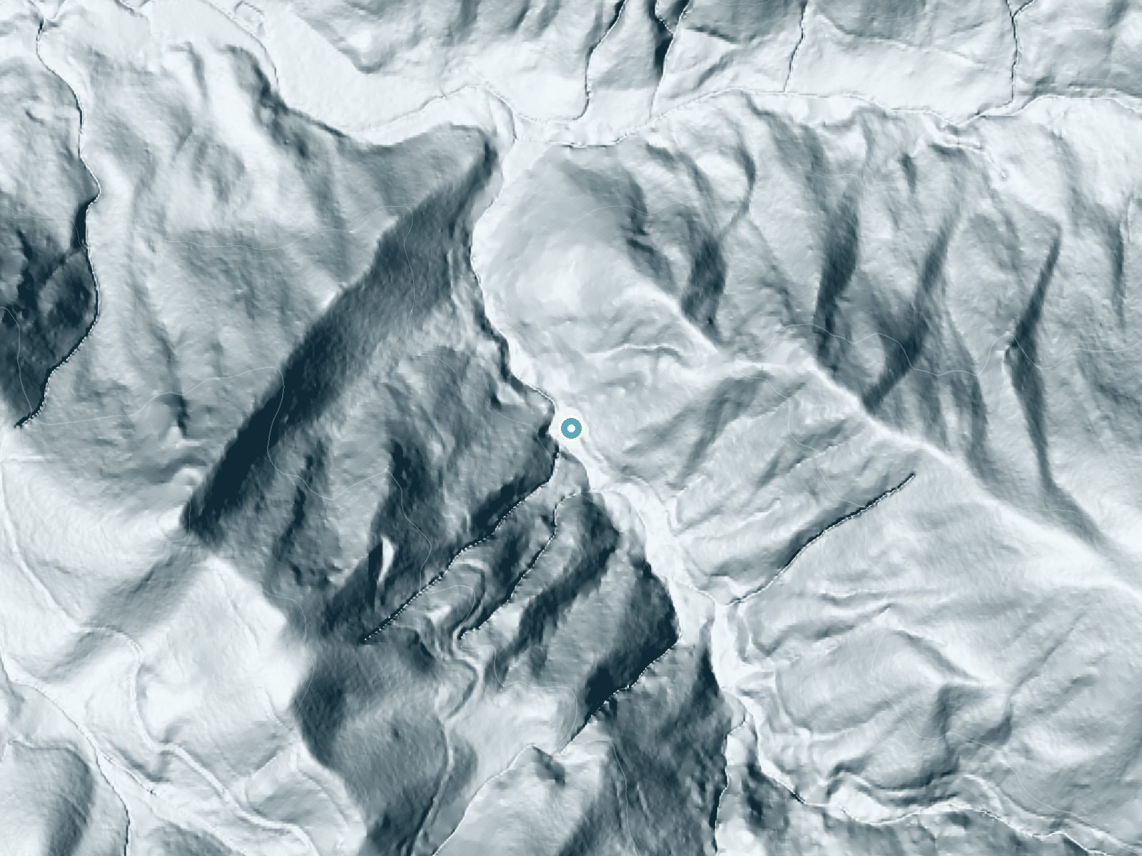 LiDAR bare-earth terrain around Onion Cliff Falls near Glenville, North Carolina, showing about 149 feet of drop, a long cascade, facing west