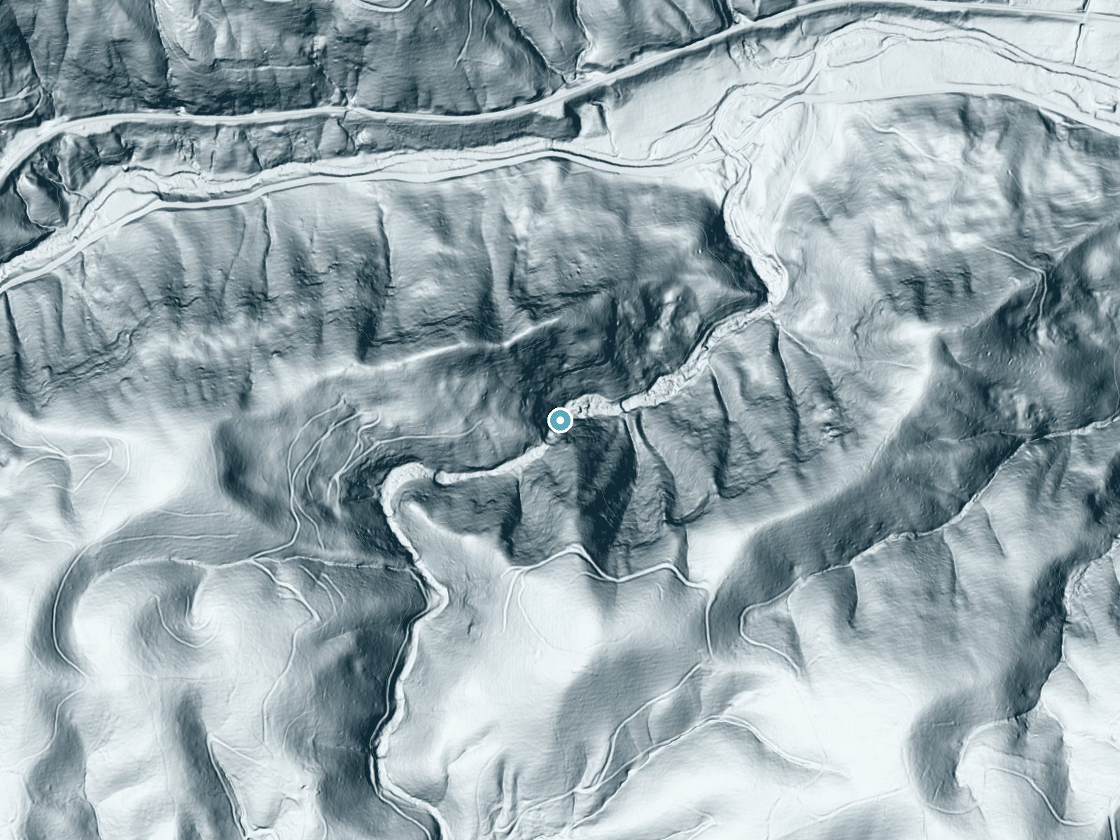 LiDAR bare-earth terrain around Pearsons Falls near Saluda, North Carolina, showing about 258 feet of drop, a steep tiered drop, facing northeast
