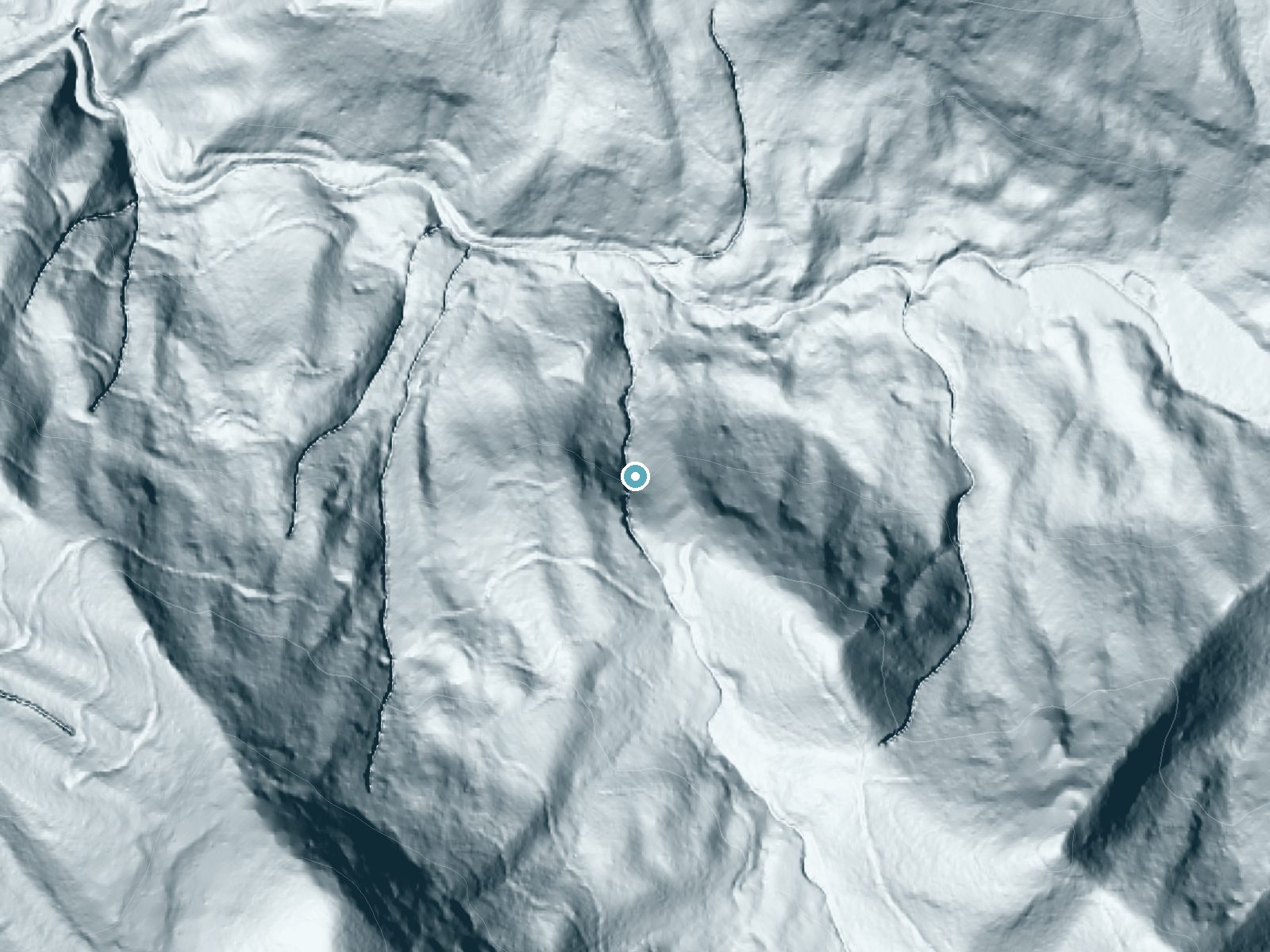 LiDAR bare-earth terrain around Betsy Falls near Glenville, North Carolina, showing about 329 feet of drop, a steep tiered drop, facing north