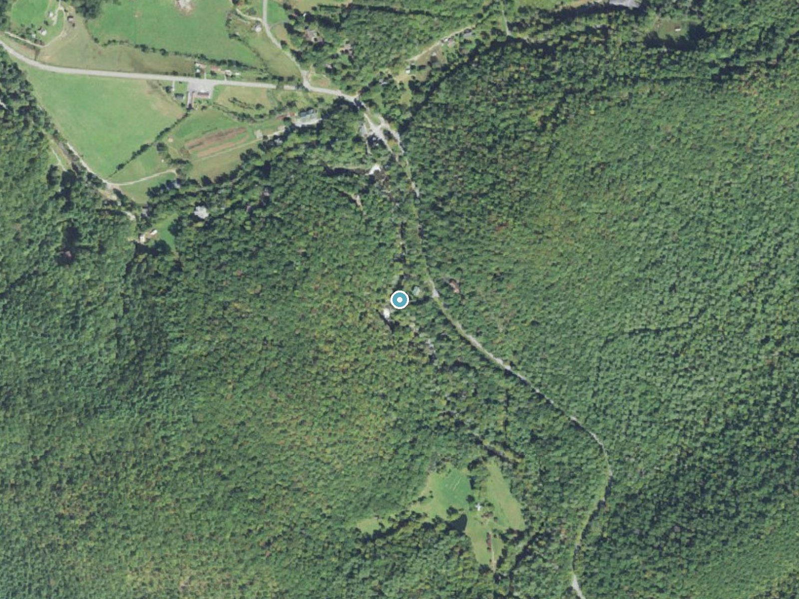 Aerial photo of the same ground around Bird Rock Falls near Rosman, North Carolina, for comparison with the lidar view