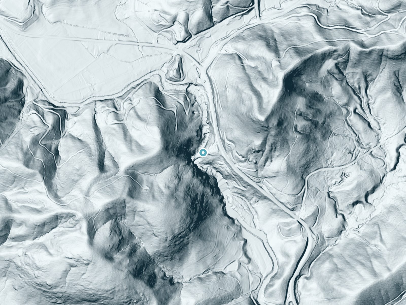 LiDAR bare-earth terrain around Bird Rock Falls near Rosman, North Carolina, showing about 171 feet of drop, a steep tiered drop, facing southeast