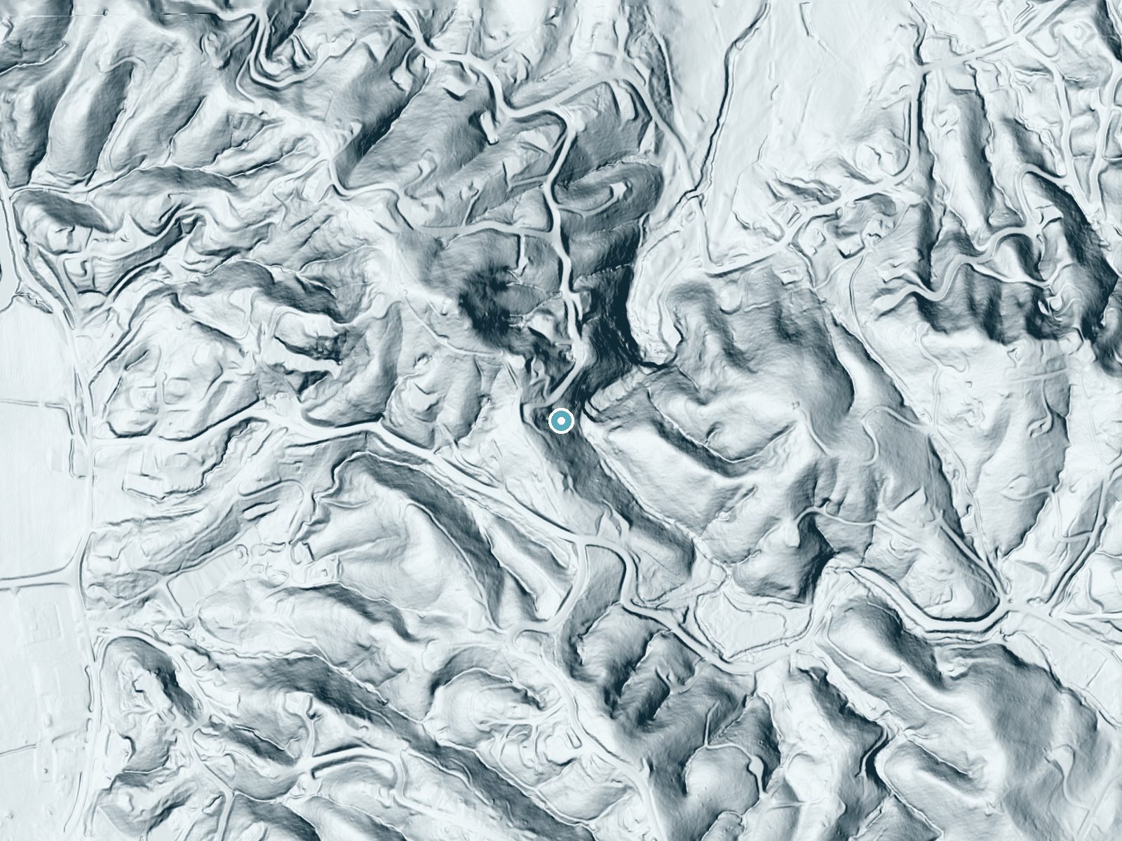 LiDAR bare-earth terrain around Glencannon Falls near Brevard, North Carolina, showing about 153 feet of drop, a steep tiered drop, facing east