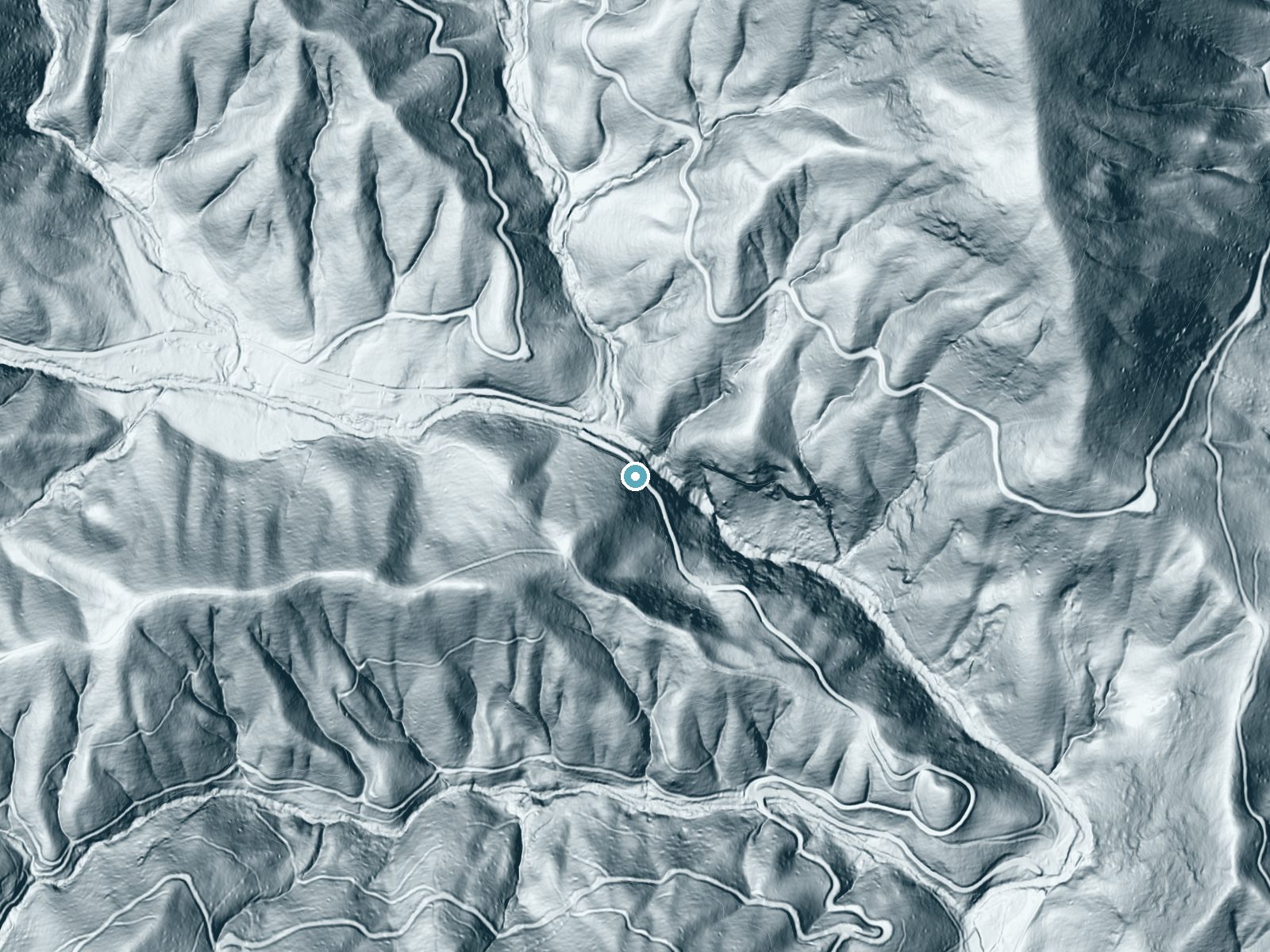 LiDAR bare-earth terrain around Catheys Creek Falls near Brevard, North Carolina, showing about 265 feet of drop, a steep tiered drop, facing northeast