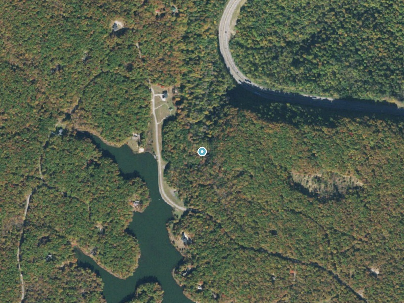Aerial photo of the same ground around Cascade Falls near Monteagle, Tennessee, for comparison with the lidar view