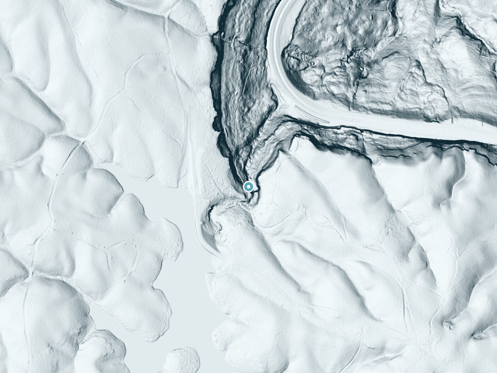 LiDAR bare-earth terrain around Cascade Falls near Monteagle, Tennessee, showing about 170 feet of drop, a long cascade, facing north