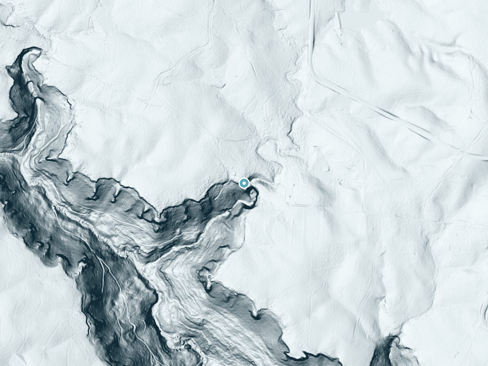 LiDAR bare-earth terrain around Bridal Veil Falls near Tracy City, Tennessee, showing about 178 feet of drop, a steep tiered drop, facing south