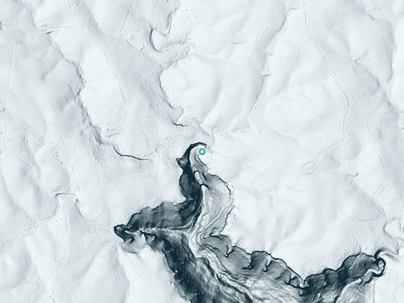 LiDAR bare-earth terrain around Monteagle Falls near Monteagle, Tennessee, showing about 134 feet of drop, a steep tiered drop, facing southwest