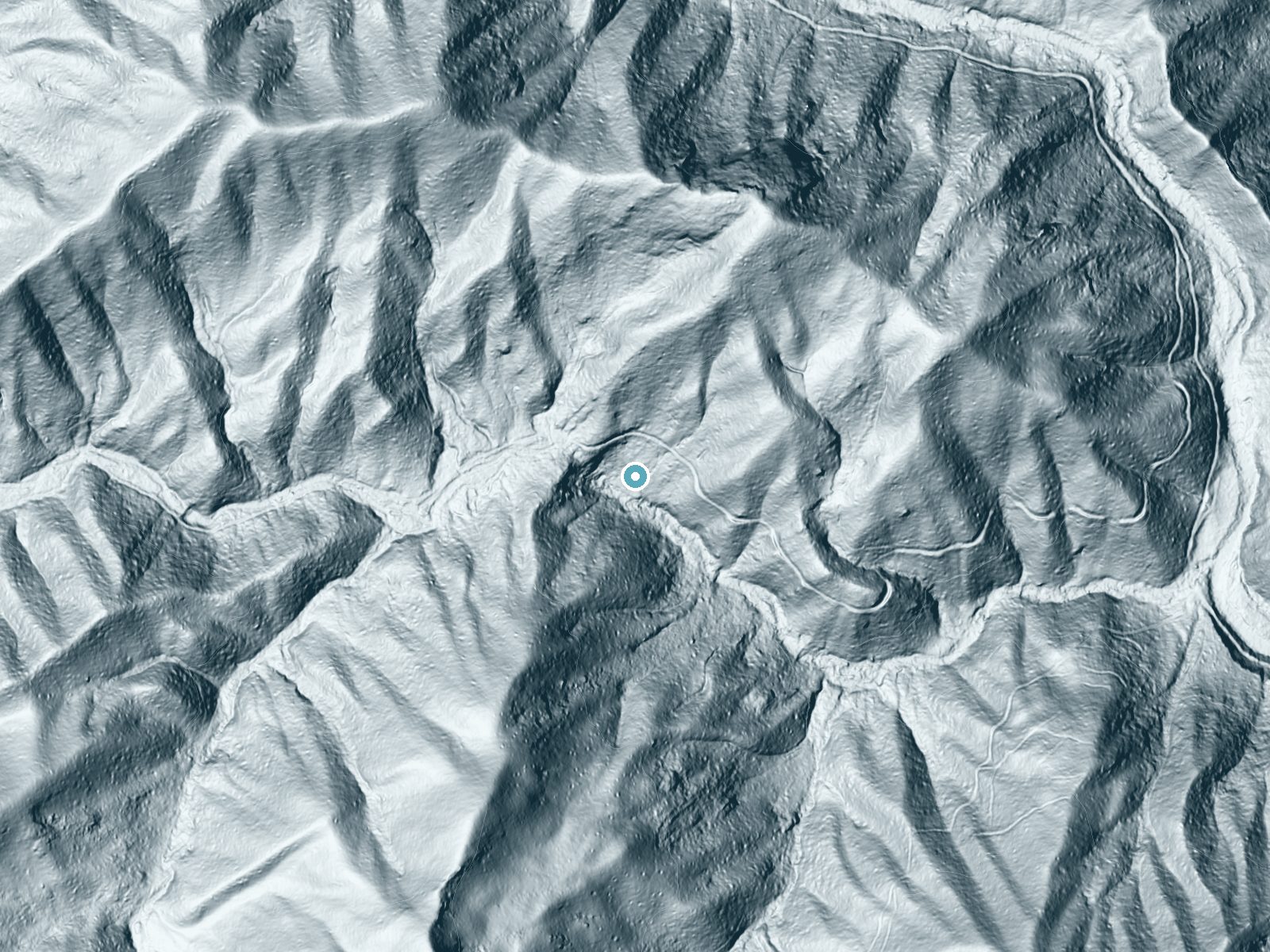 LiDAR bare-earth terrain around Sassafras Falls near Marble, North Carolina, showing about 170 feet of drop, a steep tiered drop, facing south