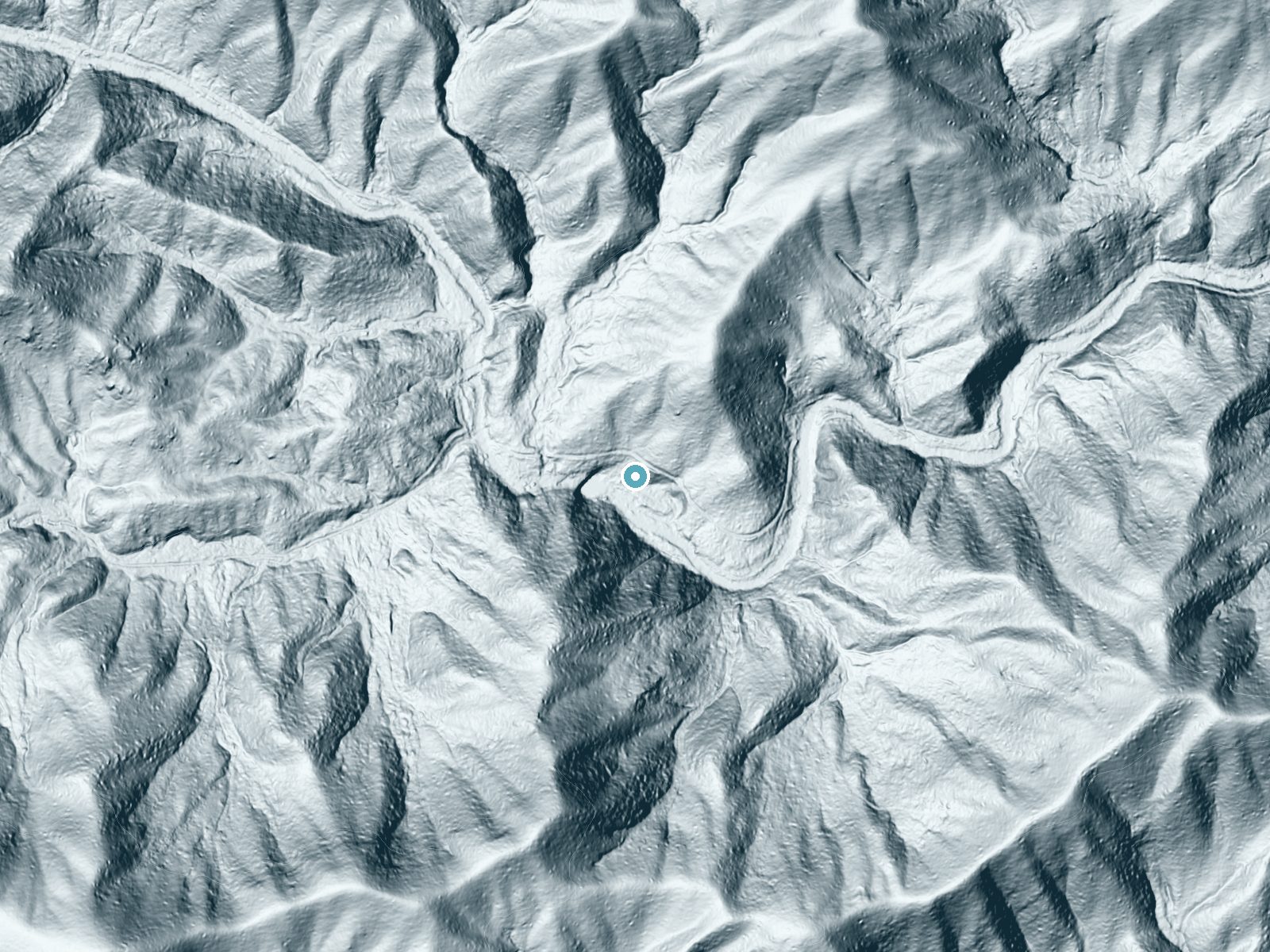 LiDAR bare-earth terrain around Middle Falls near Marble, North Carolina, showing about 101 feet of drop, a long cascade, facing south