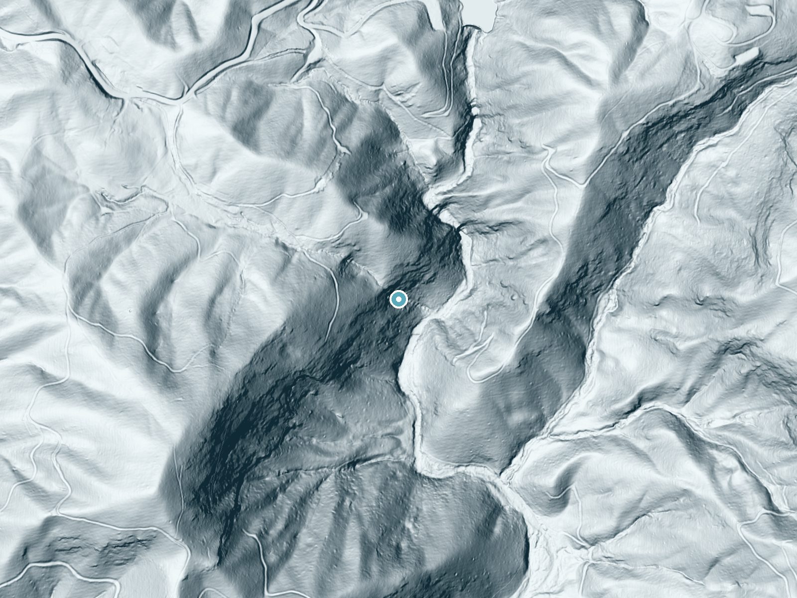 LiDAR bare-earth terrain around Lower Vernal Falls near Glenville, North Carolina, showing about 285 feet of drop, a steep tiered drop, facing southeast