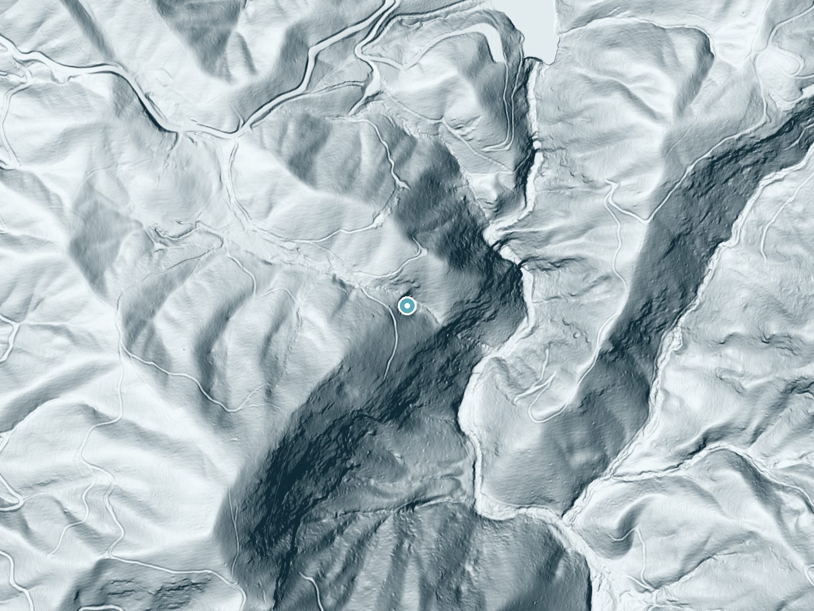 LiDAR bare-earth terrain around Upper Vernal Falls near Forest Hills, North Carolina, showing about 181 feet of drop, a steep tiered drop, facing east
