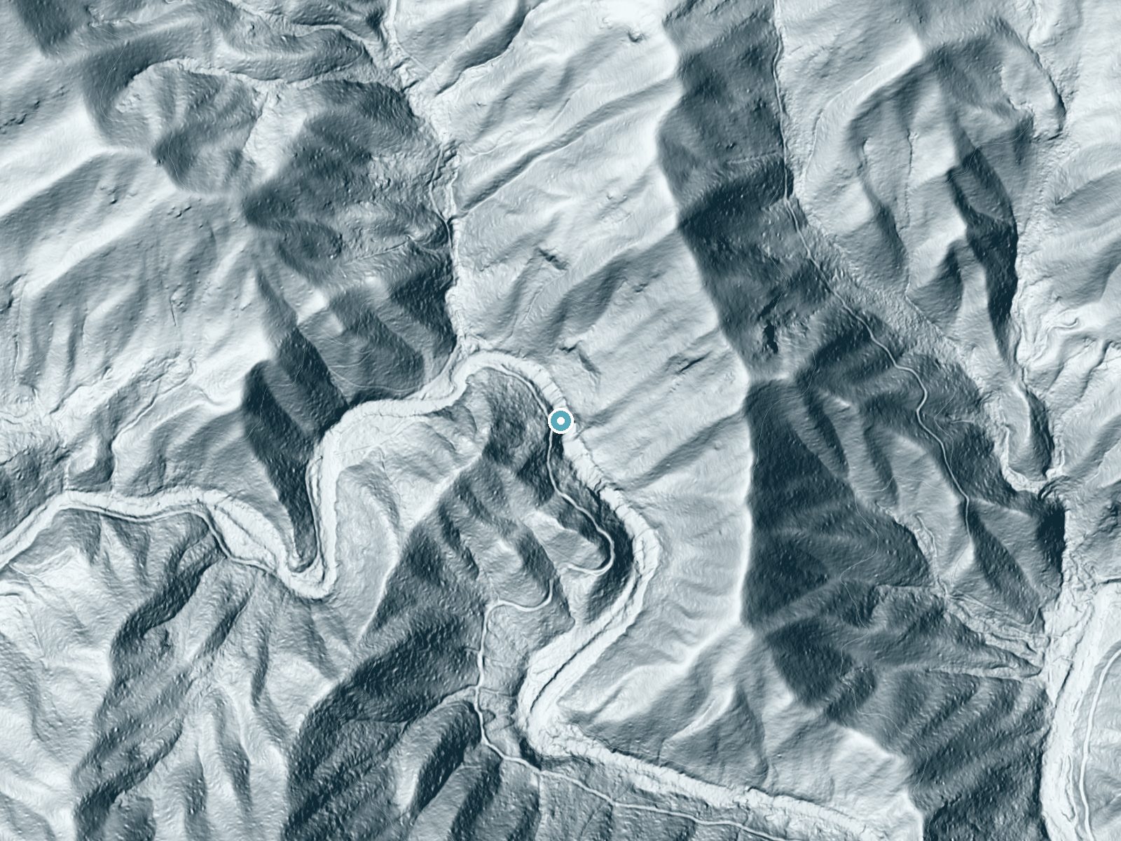 LiDAR bare-earth terrain around Big Falls near Marble, North Carolina, showing about 140 feet of drop, a long cascade, facing southeast