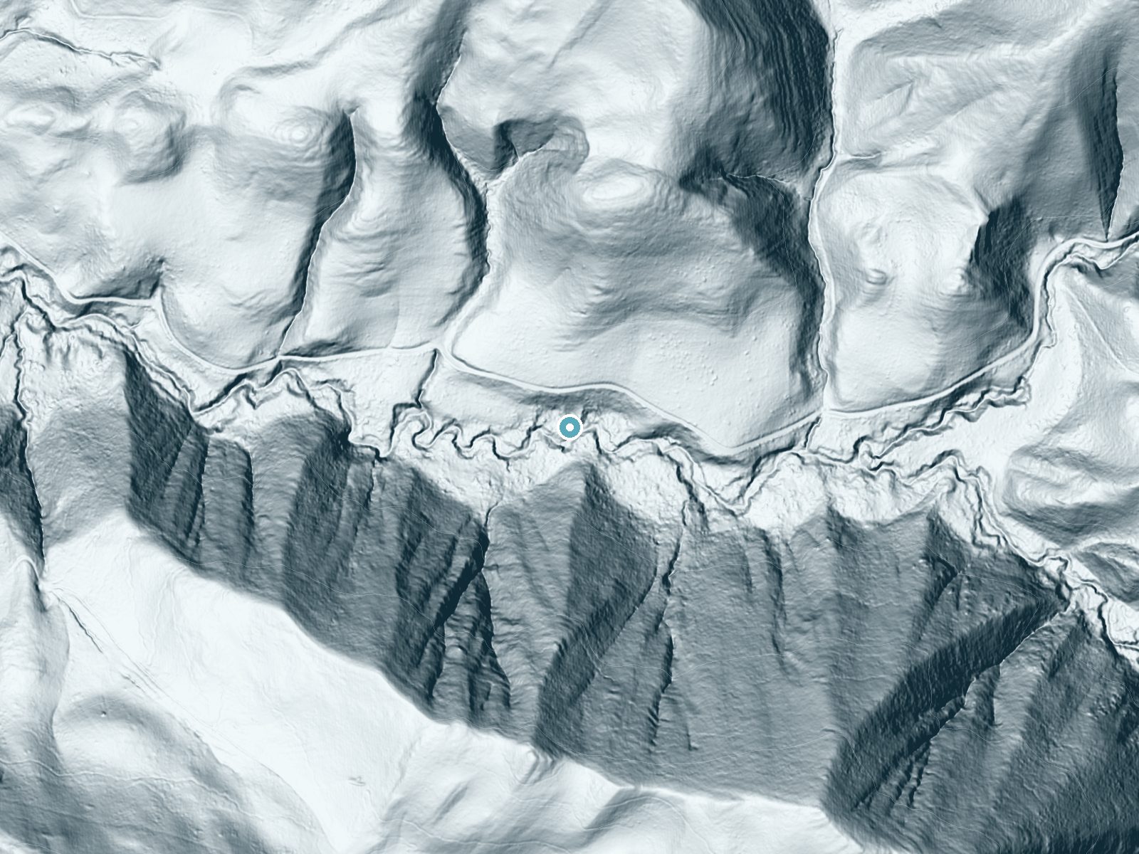 LiDAR bare-earth terrain around Islay Falls near Los Osos, California, showing about 105 feet of drop, a steep tiered drop, facing south