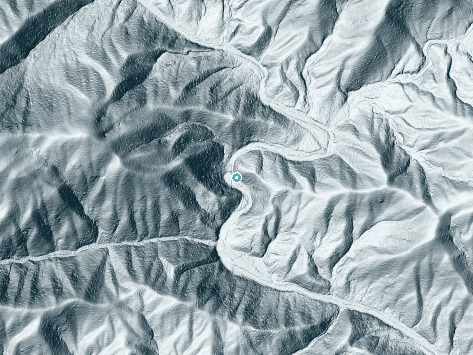 LiDAR bare-earth terrain around Upper Falls near Marble, North Carolina, showing about 131 feet of drop, a steep tiered drop, facing southwest