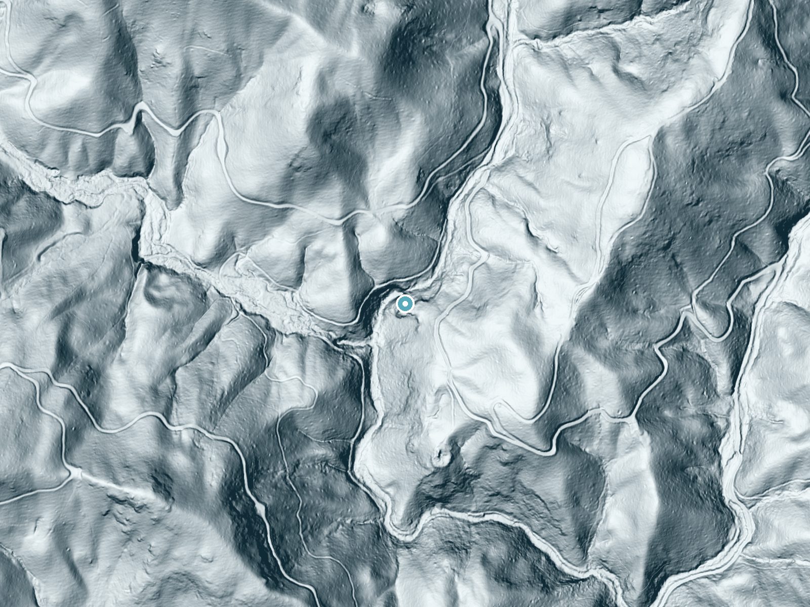 LiDAR bare-earth terrain around Courthouse Falls near Brevard, North Carolina, showing about 204 feet of drop, a steep tiered drop, facing west