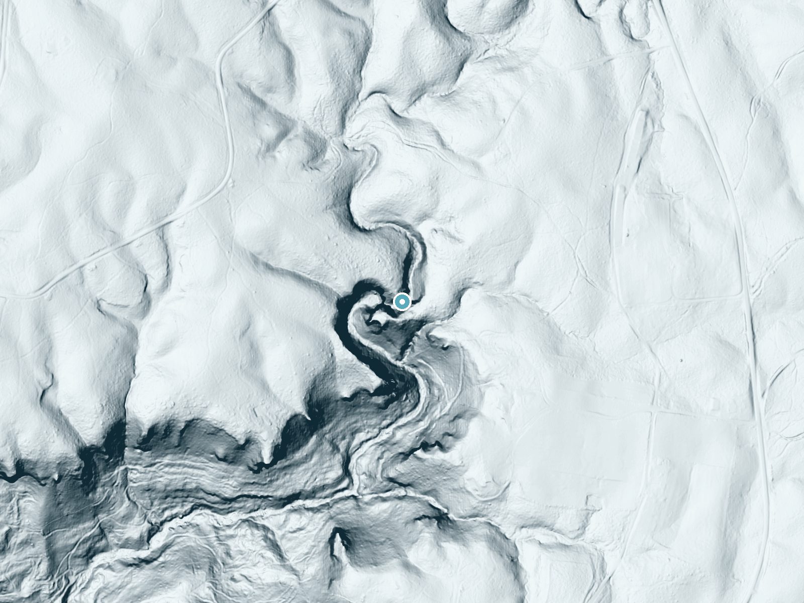 LiDAR bare-earth terrain around Deer Lick Falls near Tracy City, Tennessee, showing about 199 feet of drop, a steep tiered drop, facing southwest