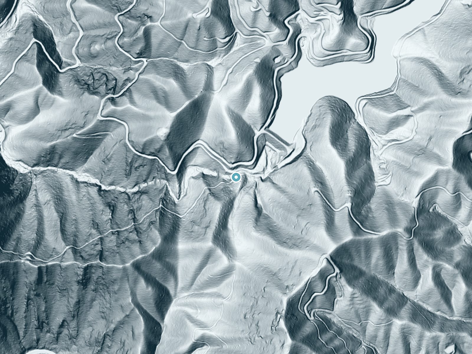 LiDAR bare-earth terrain around Queens Falls near Robbinsville, North Carolina, showing about 192 feet of drop, a steep tiered drop, facing west