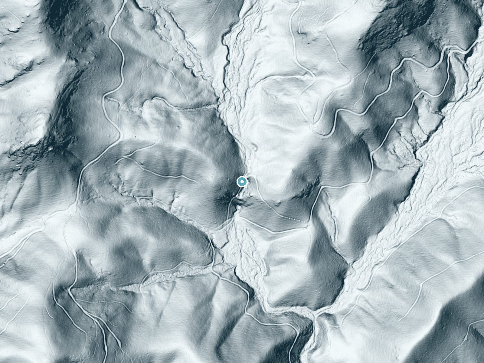 LiDAR bare-earth terrain around Dill Falls near Brevard, North Carolina, showing about 217 feet of drop, a steep tiered drop, facing southeast