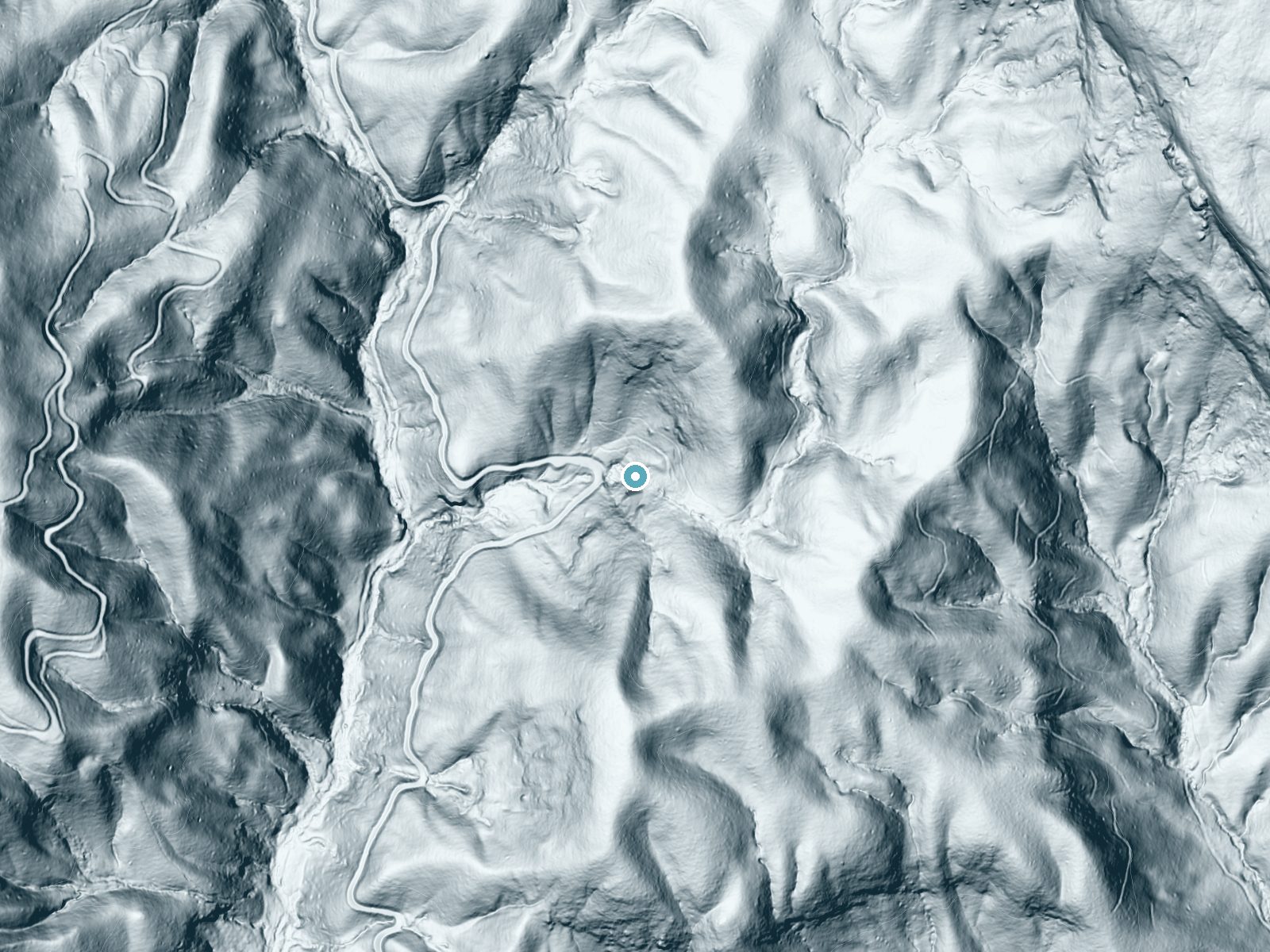 LiDAR bare-earth terrain around Slick Rock Falls near Brevard, North Carolina, showing about 188 feet of drop, a steep tiered drop, facing west