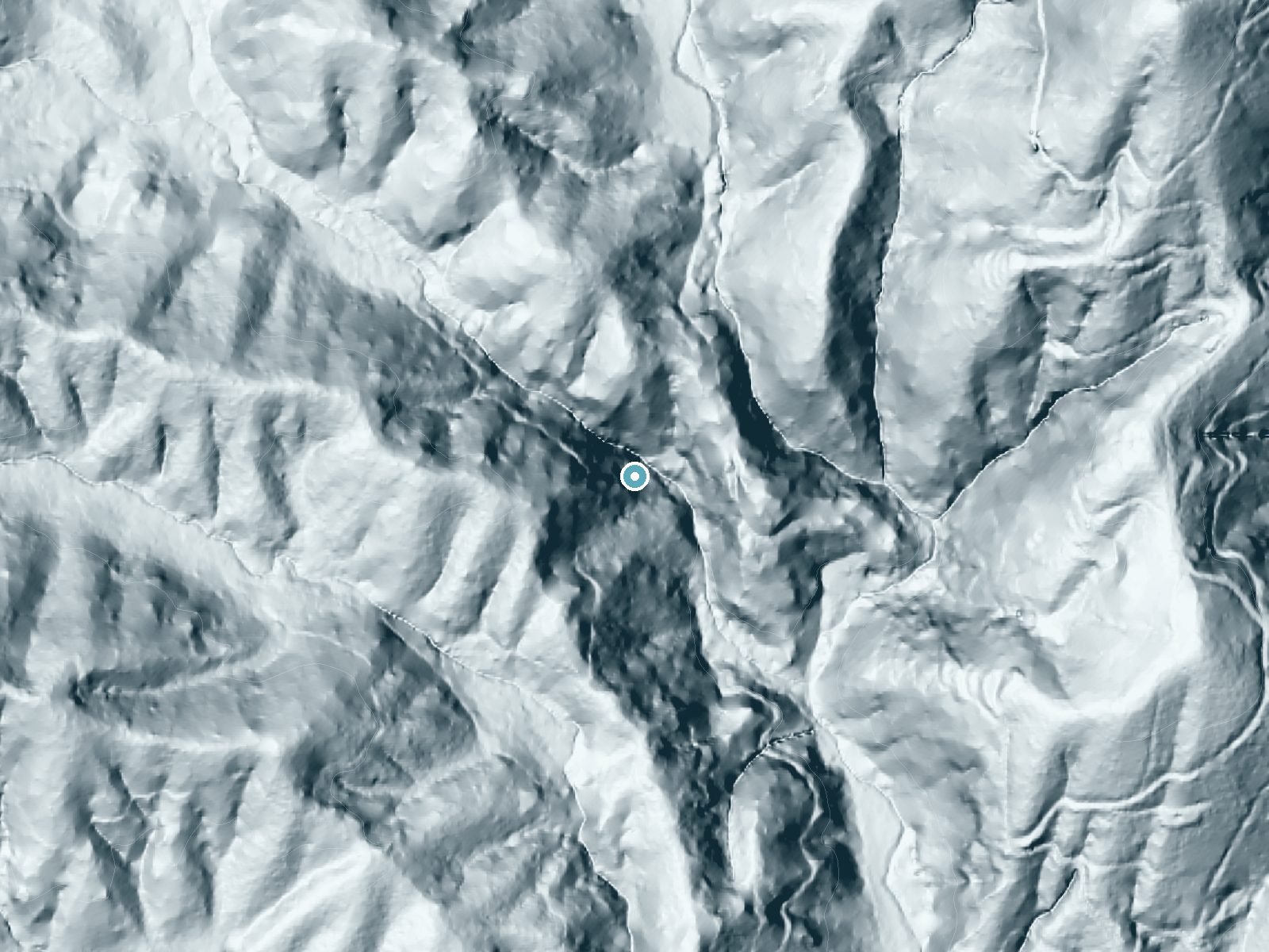 LiDAR bare-earth terrain around Laughing Falls near Brevard, North Carolina, showing about 215 feet of drop, a steep tiered drop, facing east