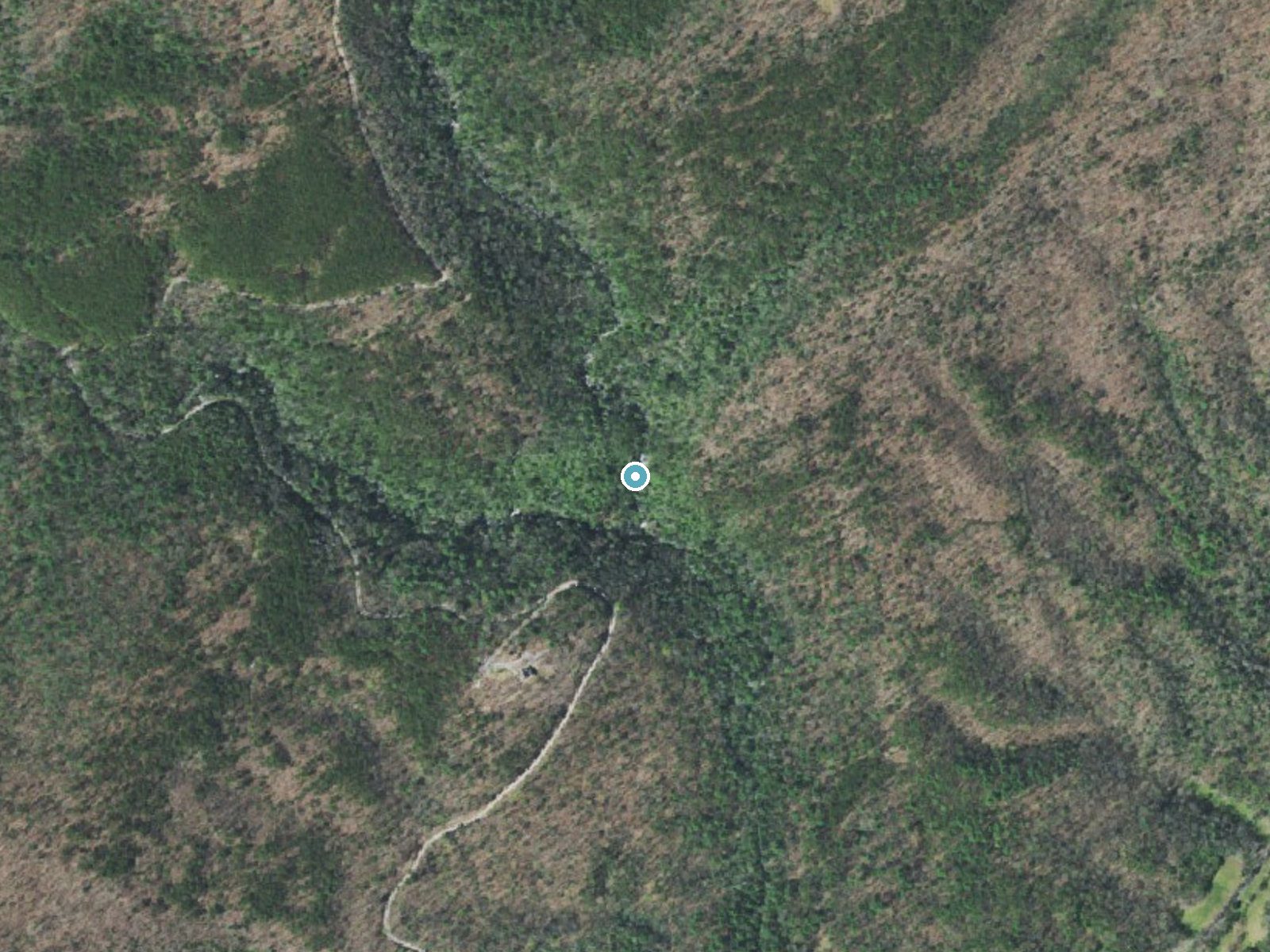 Aerial photo of the same ground around Bullet Creek Falls near Etowah, Tennessee, for comparison with the lidar view