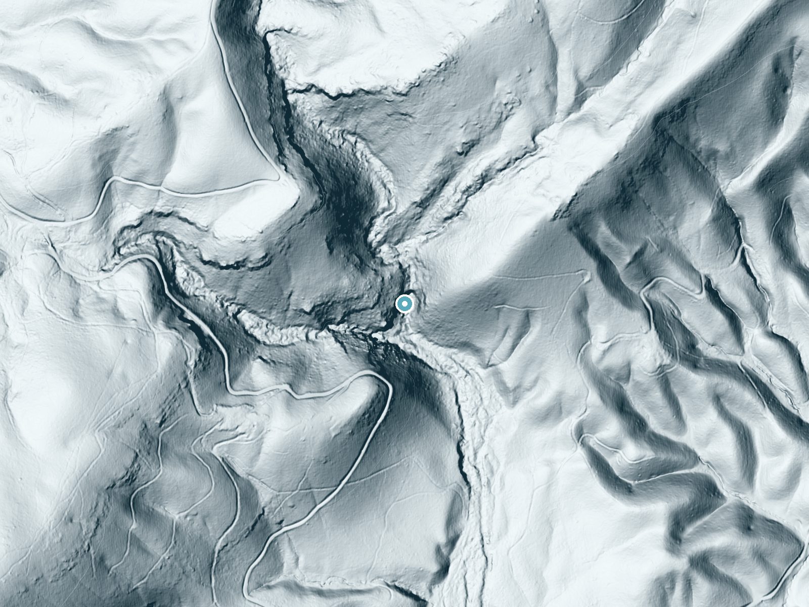 LiDAR bare-earth terrain around Bullet Creek Falls near Etowah, Tennessee, showing about 187 feet of drop, a steep tiered drop, facing south