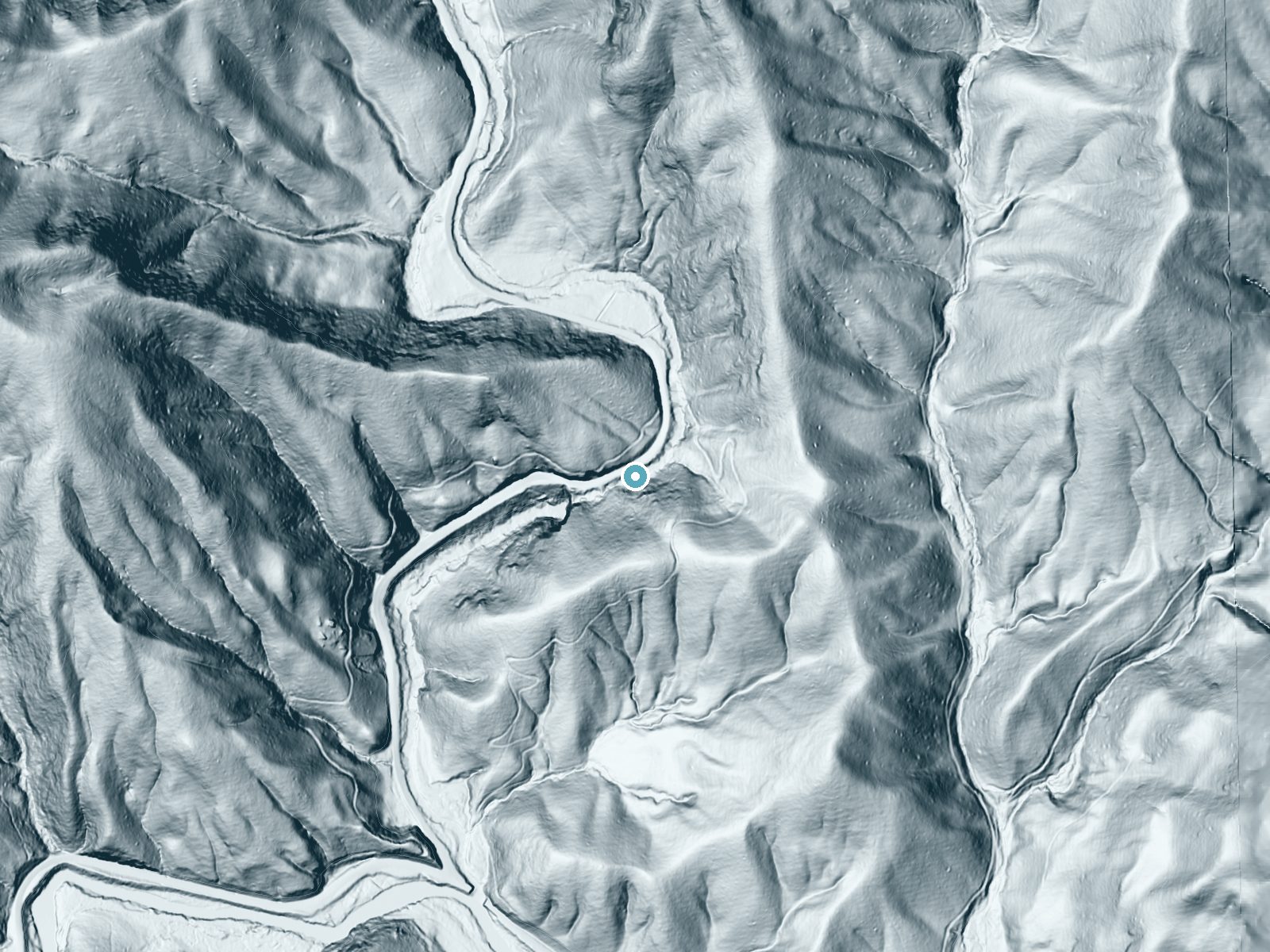 LiDAR bare-earth terrain around Looking Glass Falls near Brevard, North Carolina, showing about 171 feet of drop, a steep tiered drop, facing northwest