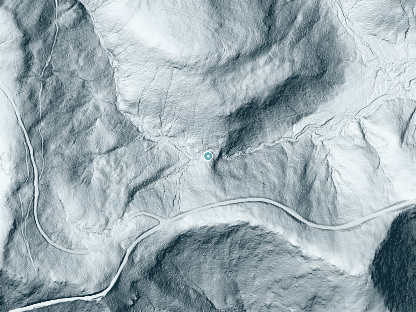 LiDAR bare-earth terrain around Upper Falls near Brevard, North Carolina, showing about 136 feet of drop, a steep tiered drop, facing east