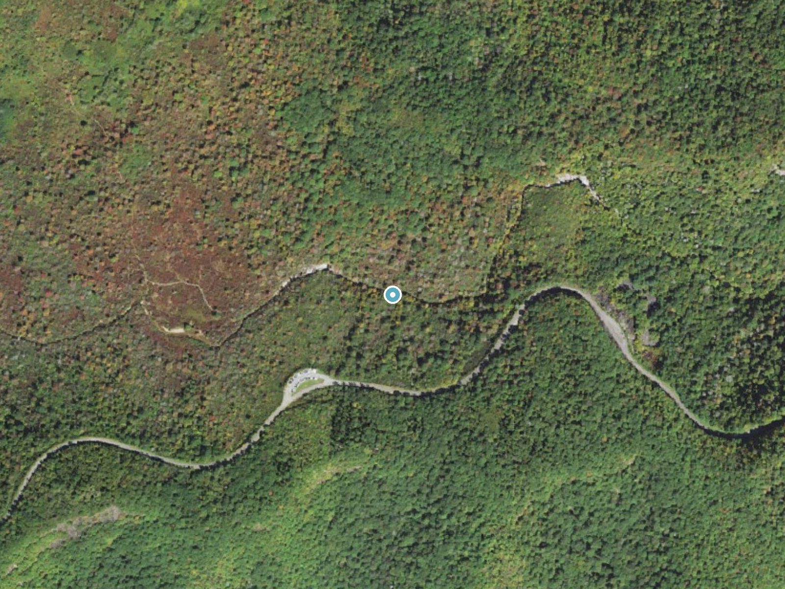 Aerial photo of the same ground around Second Falls near Brevard, North Carolina, for comparison with the lidar view