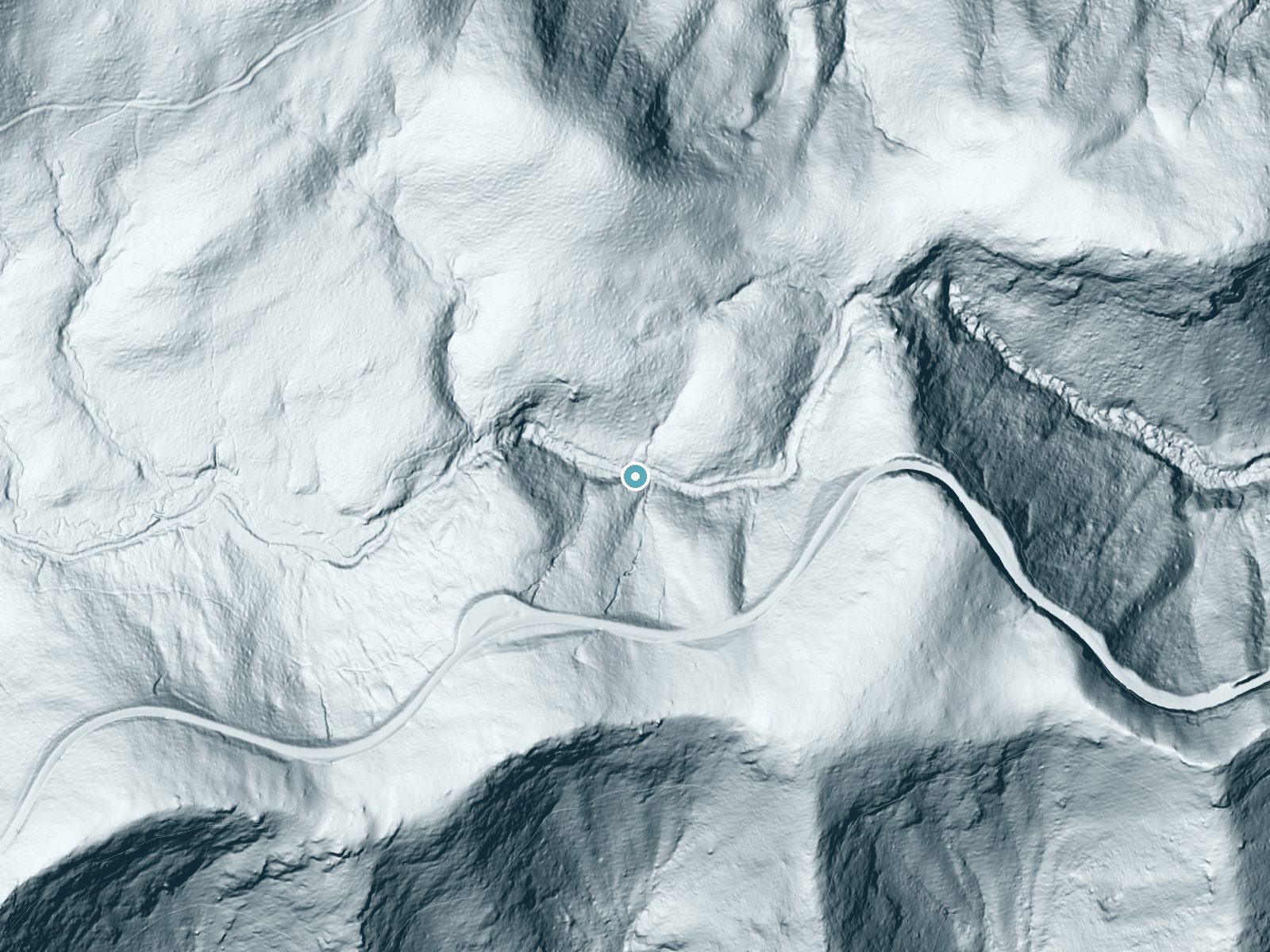 LiDAR bare-earth terrain around Second Falls near Brevard, North Carolina, showing about 94 feet of drop, a steep tiered drop, facing northeast