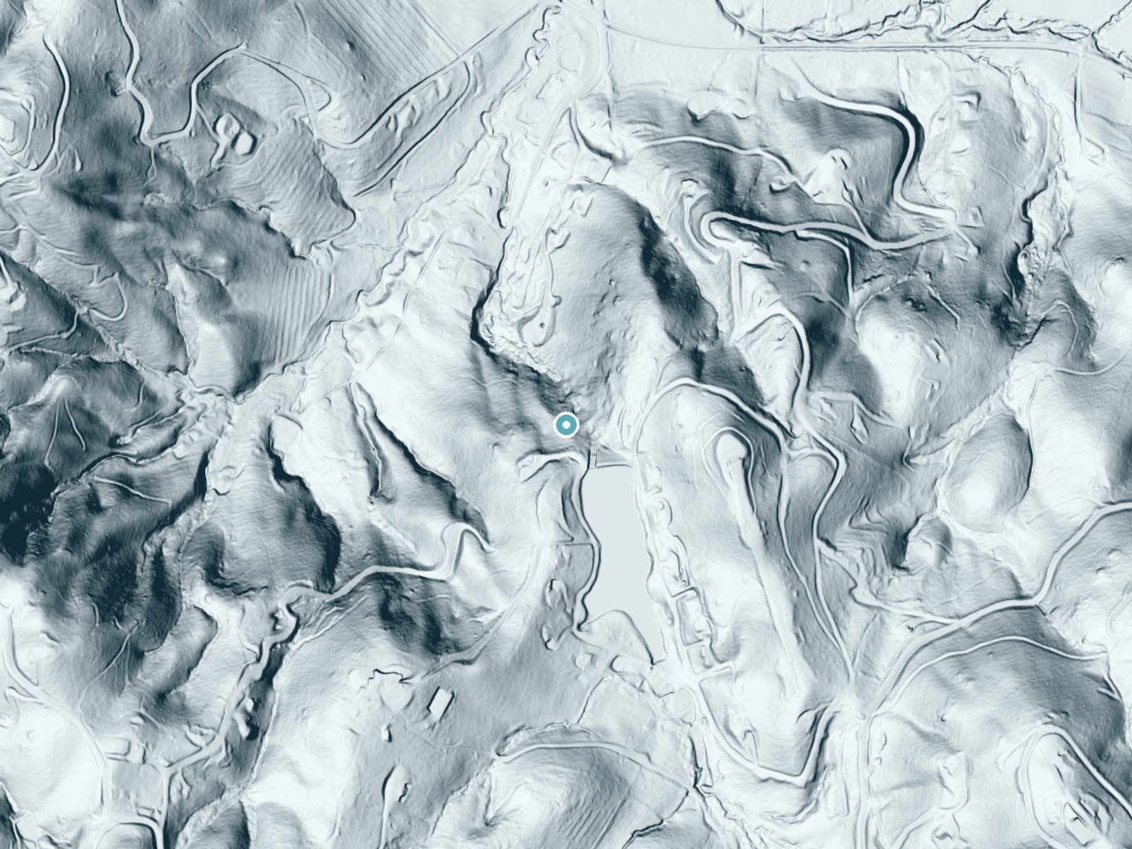 LiDAR bare-earth terrain around Turley Falls near Laurel Park, North Carolina, showing about 230 feet of drop, a steep tiered drop, facing northwest