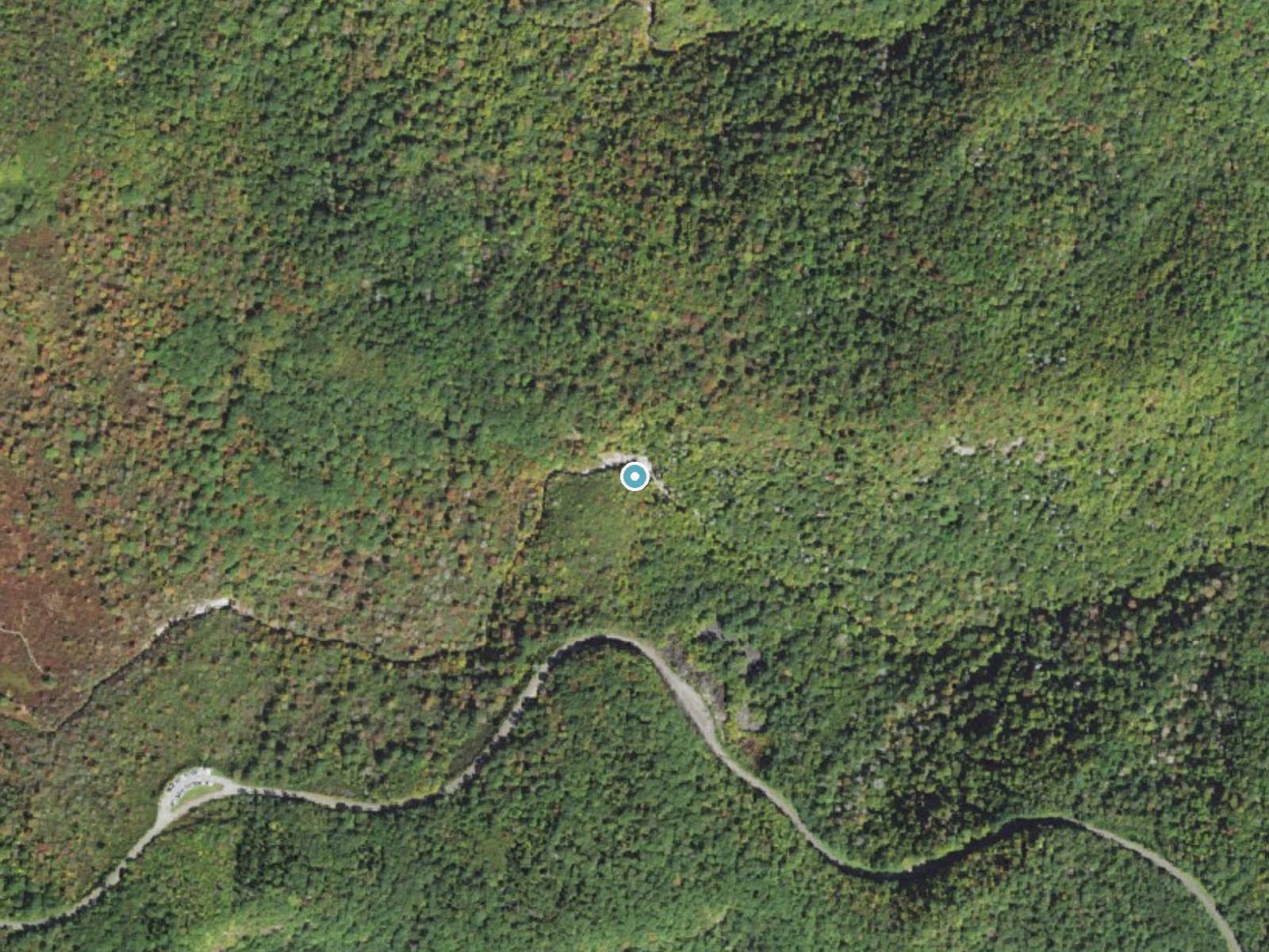 Aerial photo of the same ground around Yellowstone Falls near Brevard, North Carolina, for comparison with the lidar view