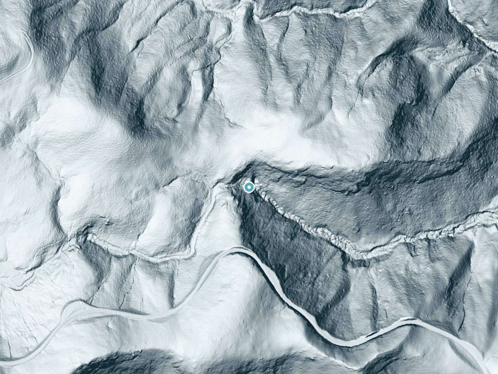 LiDAR bare-earth terrain around Yellowstone Falls near Brevard, North Carolina, showing about 224 feet of drop, a steep tiered drop, facing east