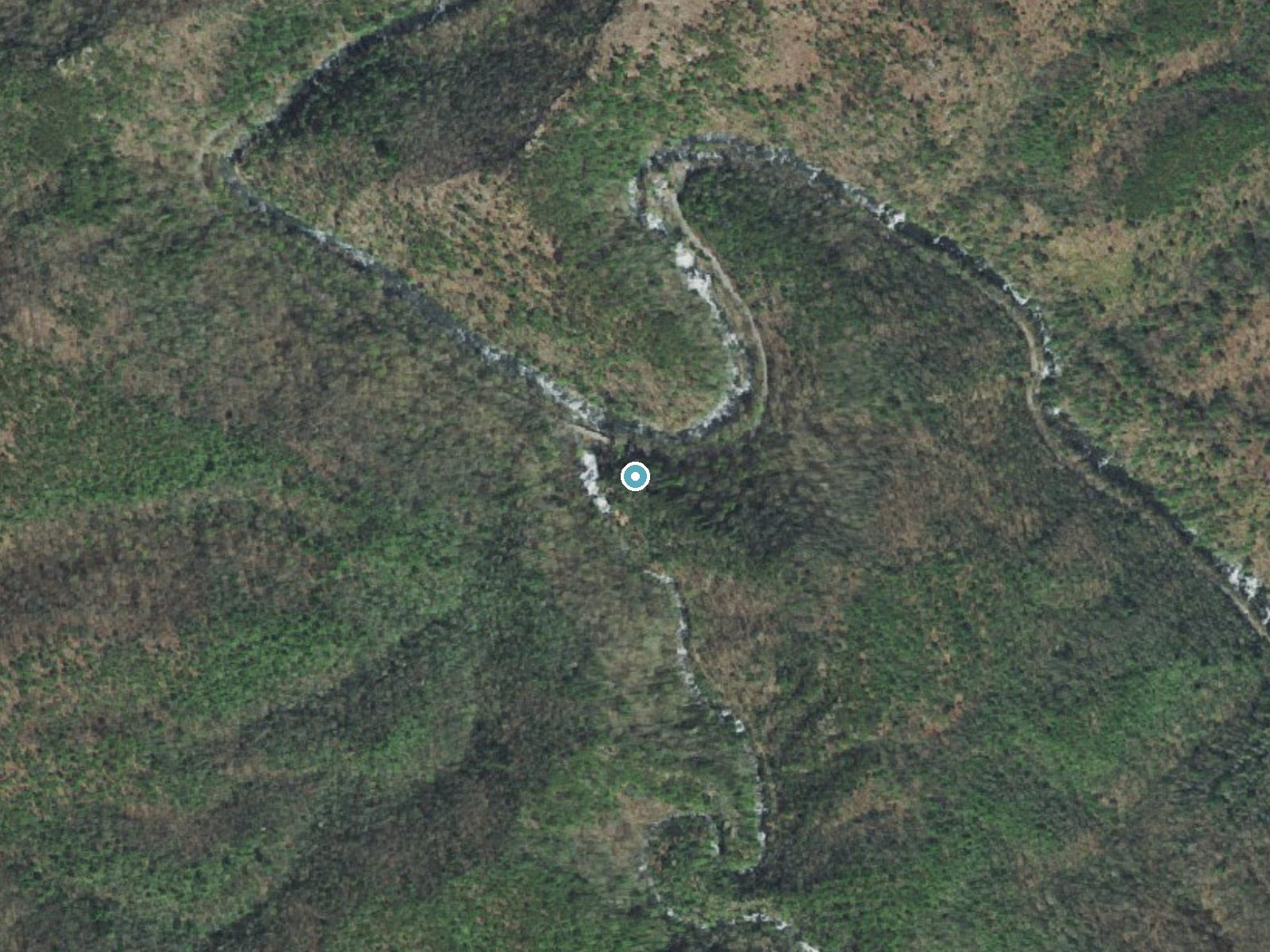 Aerial photo of the same ground around Bald River Falls near Tellico Plains, Tennessee, for comparison with the lidar view