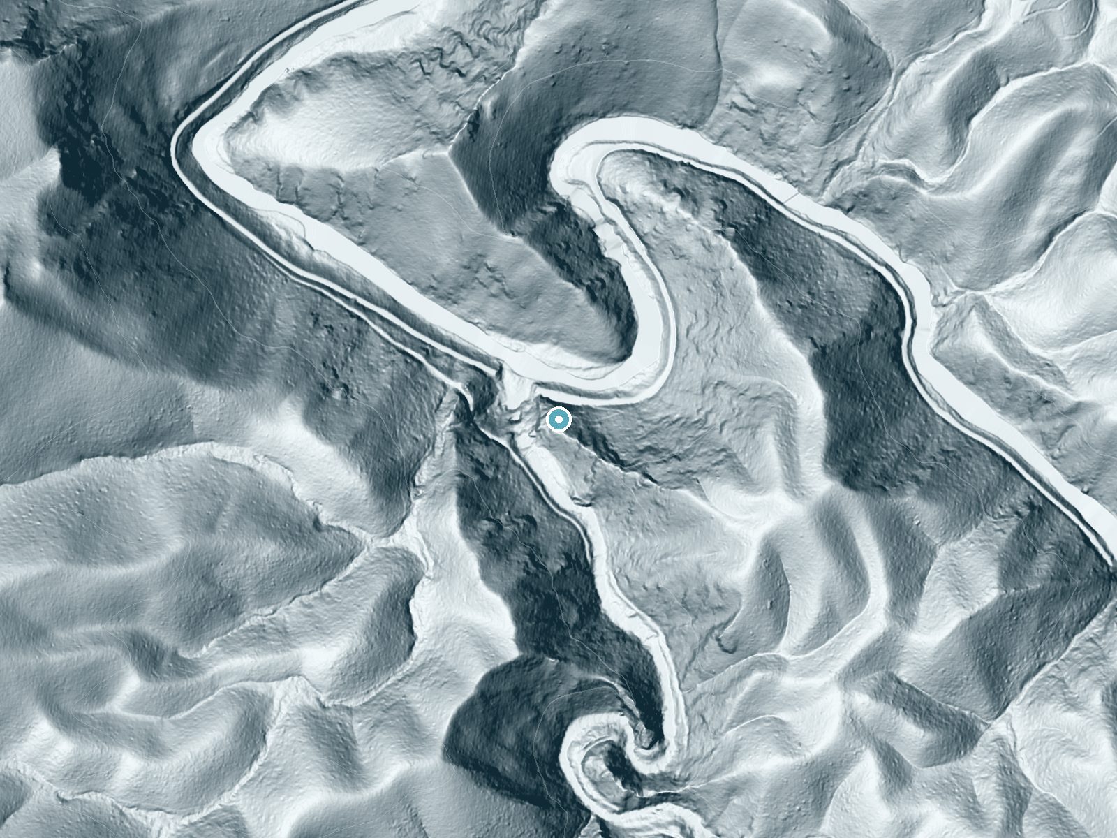 LiDAR bare-earth terrain around Bald River Falls near Tellico Plains, Tennessee, showing about 262 feet of drop, a steep tiered drop, facing north