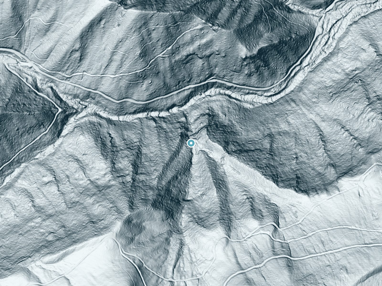 LiDAR bare-earth terrain around Santeetlah Bluff Falls near Lake Santeetlah, North Carolina, showing about 257 feet of drop, a steep tiered drop, facing north