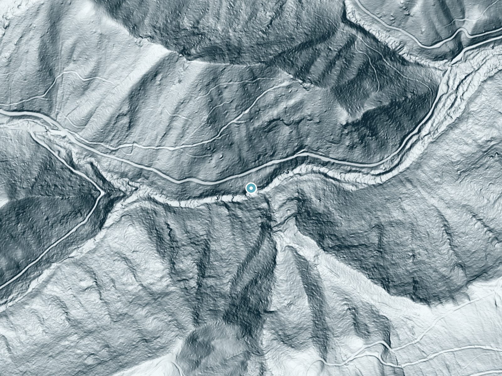LiDAR bare-earth terrain around Stewart Falls near Lake Santeetlah, North Carolina, showing about 179 feet of drop, a steep tiered drop, facing southeast