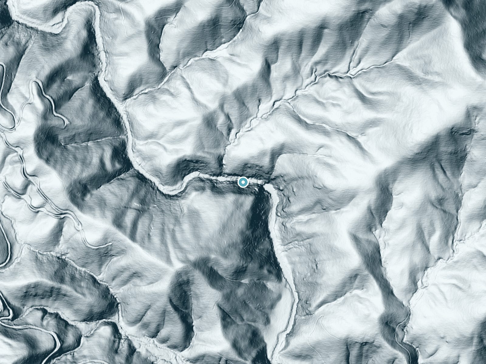 LiDAR bare-earth terrain around High Falls near Brevard, North Carolina, showing about 159 feet of drop, a steep tiered drop, facing east