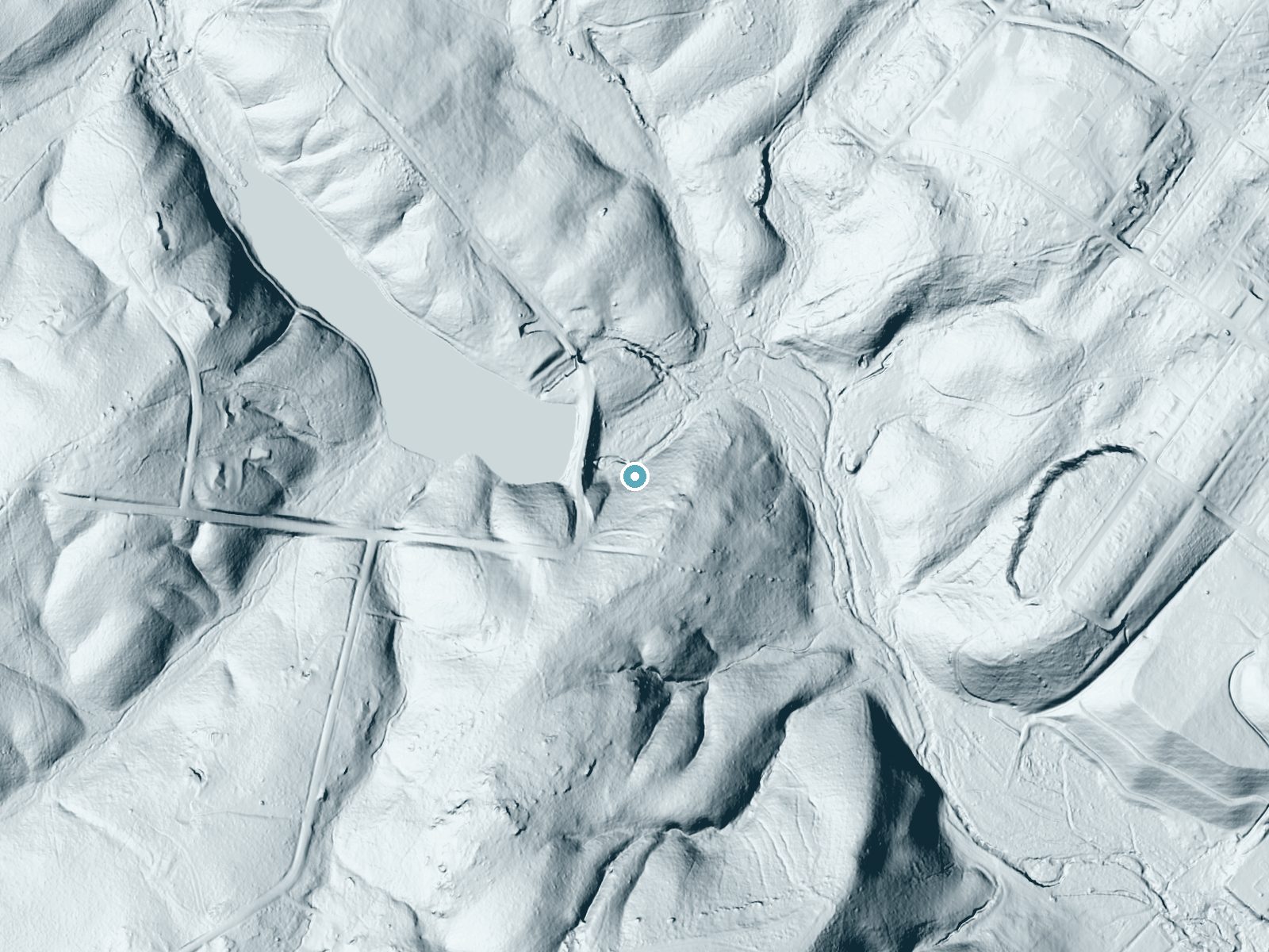 LiDAR bare-earth terrain around Great Falls near Badin, North Carolina, showing about 75 feet of drop, a long cascade, facing north
