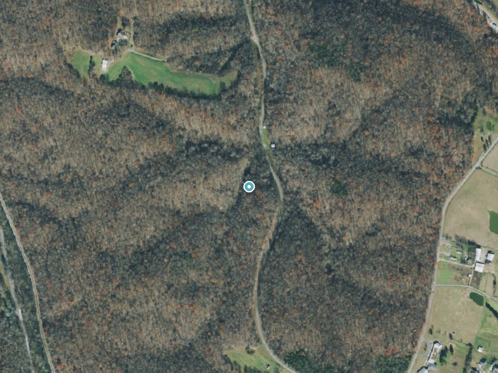 Aerial photo of the same ground around Cascade Falls near Normandy, Tennessee, for comparison with the lidar view