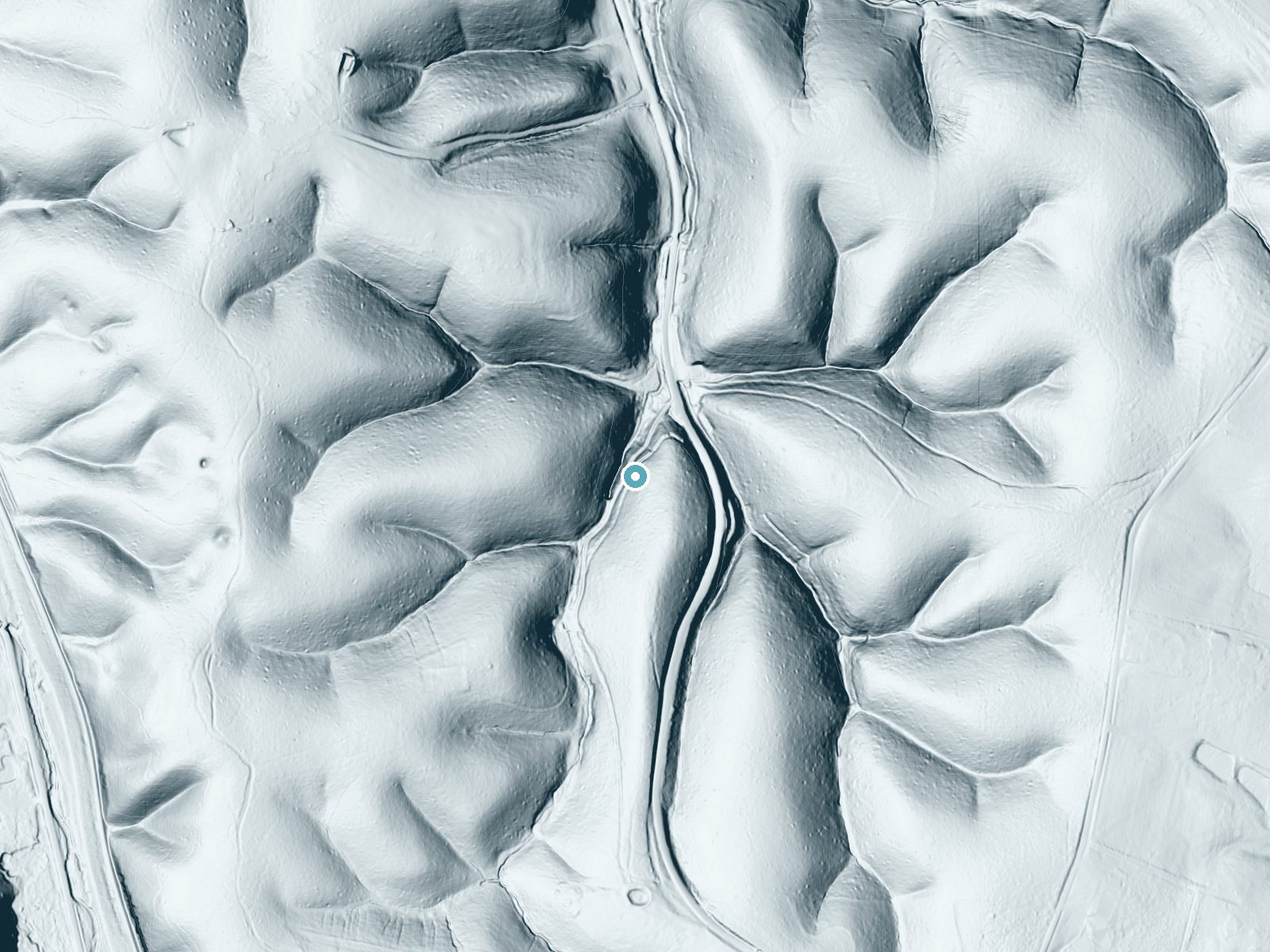 LiDAR bare-earth terrain around Cascade Falls near Normandy, Tennessee, showing about 119 feet of drop, a long cascade, facing northwest