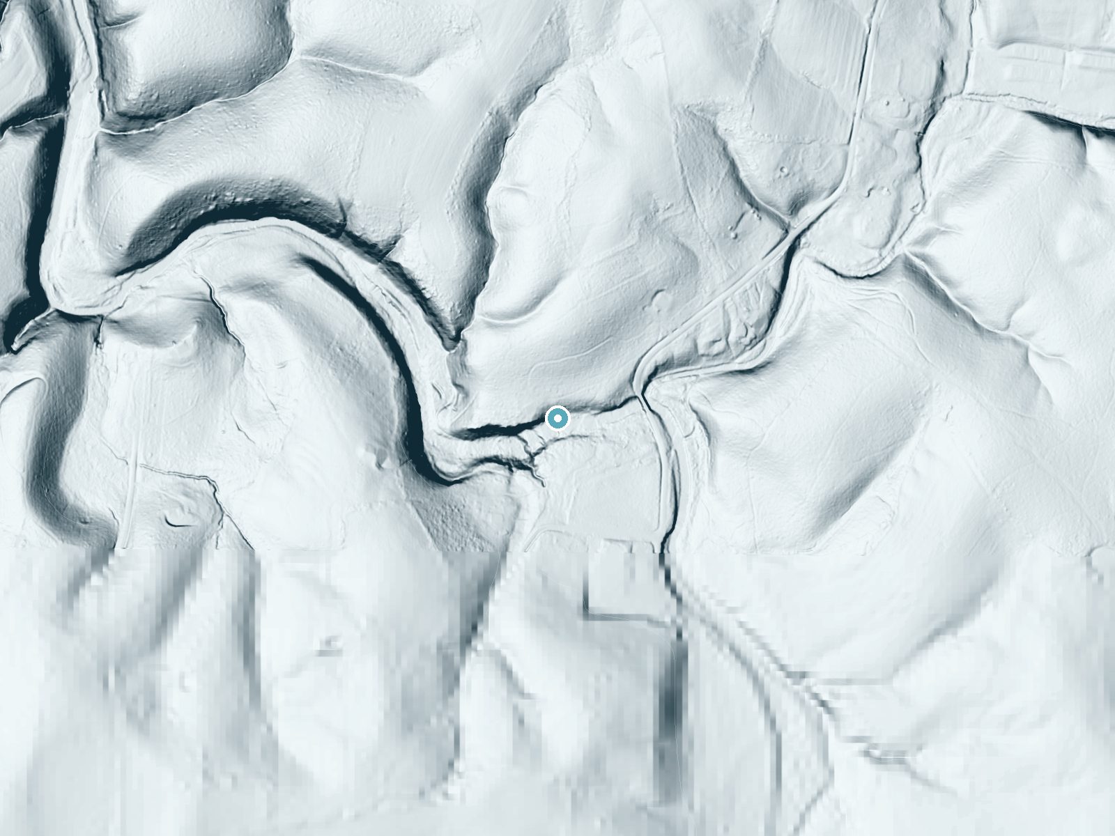 LiDAR bare-earth terrain around Rutledge Falls near Manchester, Tennessee, showing about 91 feet of drop, a long cascade, facing south