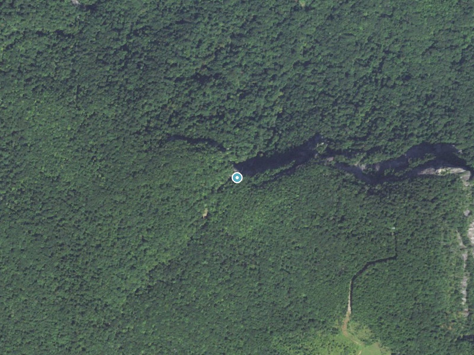 Aerial photo of the same ground around Hickorynut Falls near Chimney Rock Village, North Carolina, for comparison with the lidar view