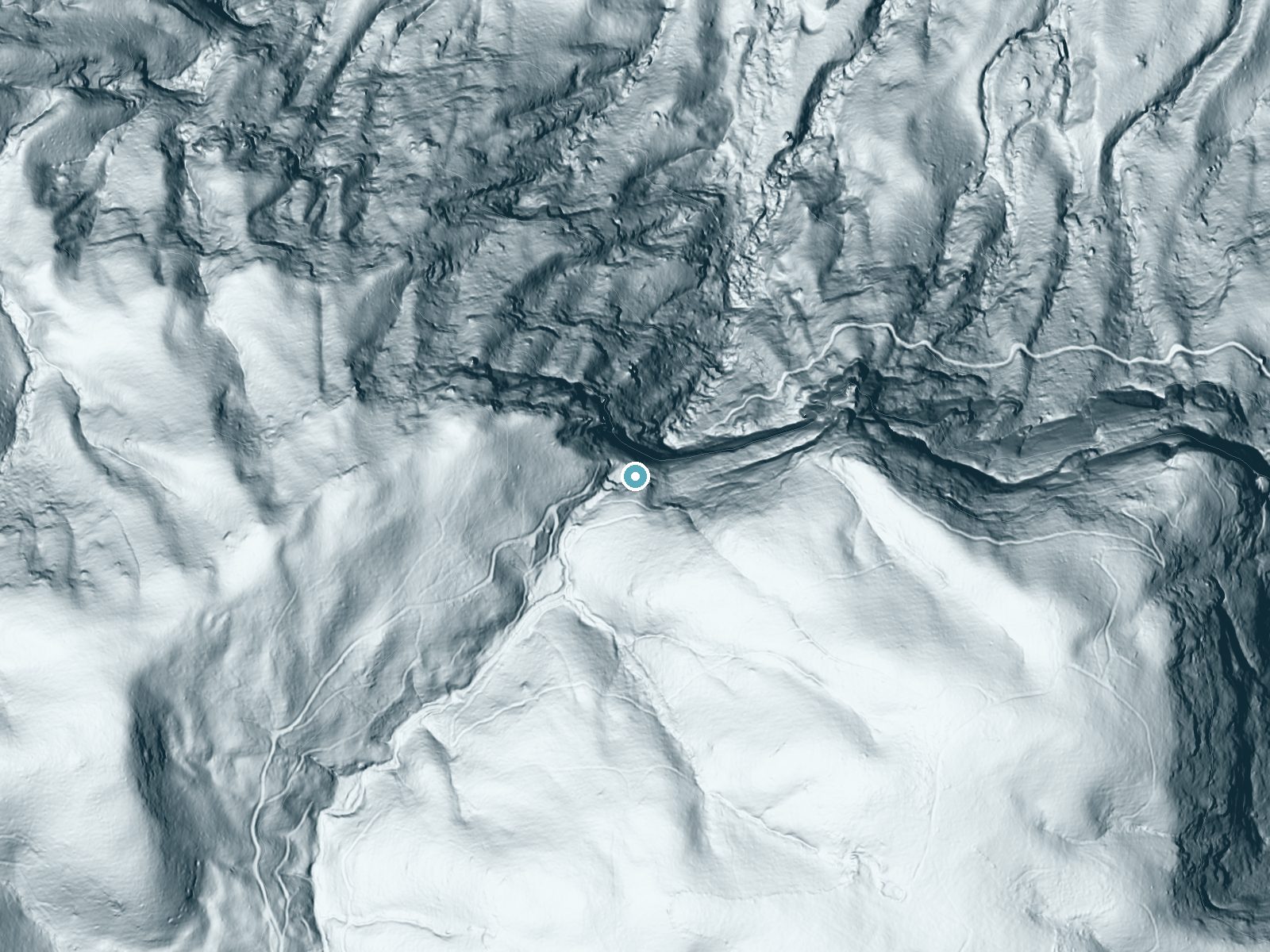 LiDAR bare-earth terrain around Hickorynut Falls near Chimney Rock Village, North Carolina, showing about 489 feet of drop, a single sheer drop, facing northeast