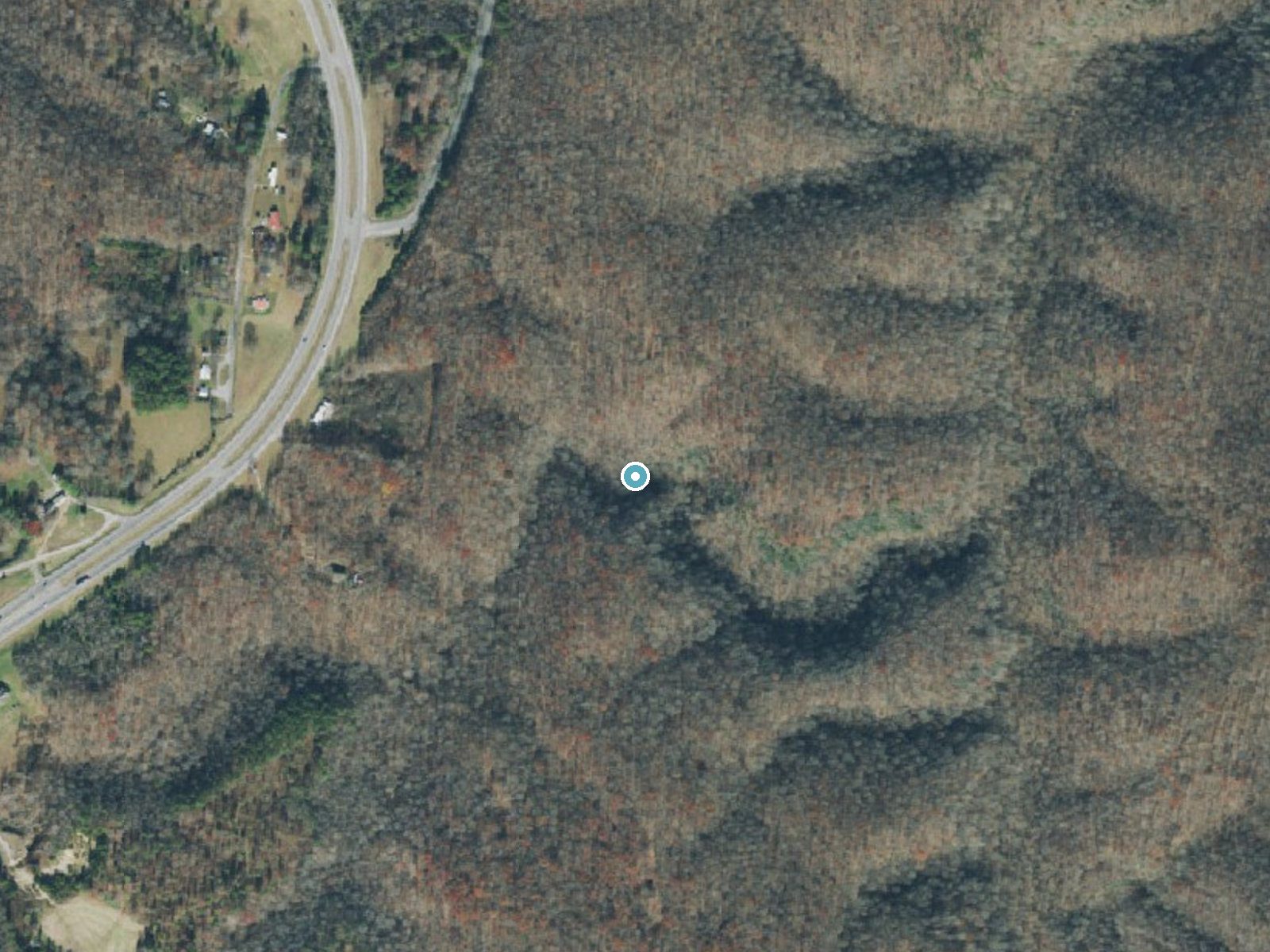 Aerial photo of the same ground around Rattlesnake Falls near Summertown, Tennessee, for comparison with the lidar view