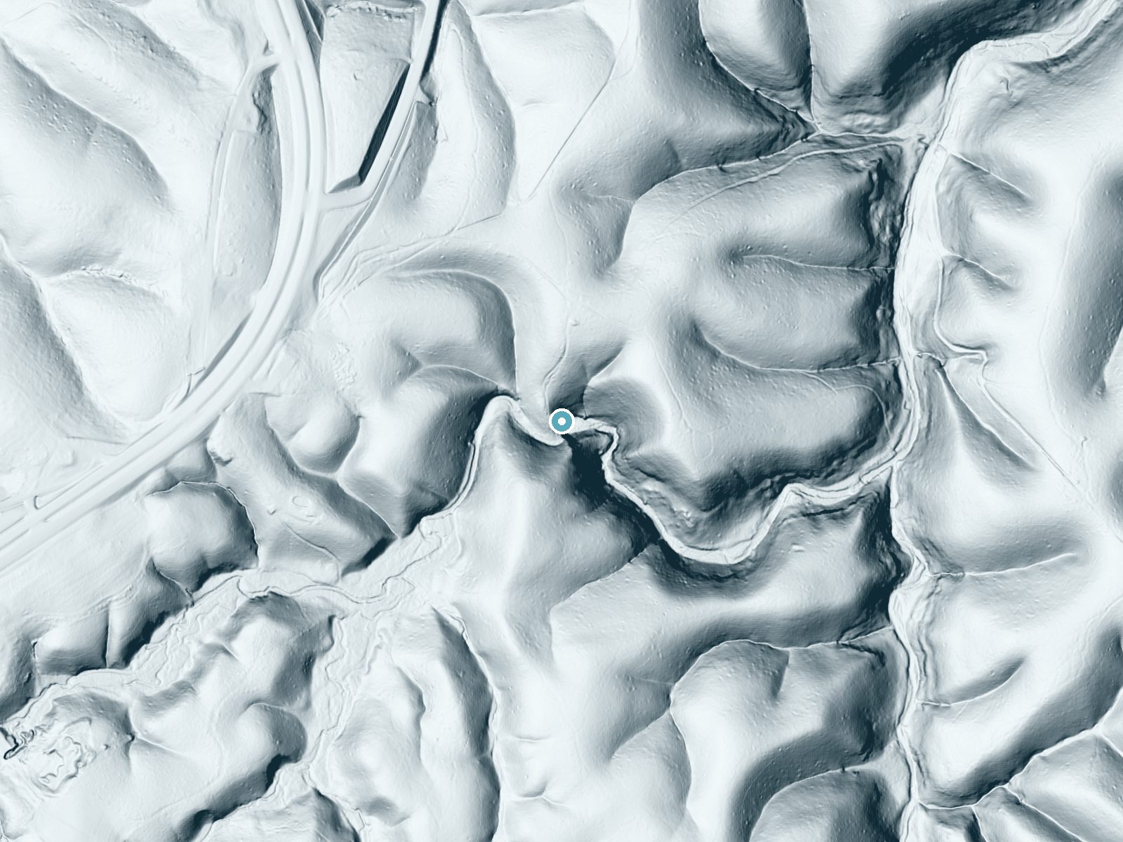 LiDAR bare-earth terrain around Rattlesnake Falls near Summertown, Tennessee, showing about 145 feet of drop, a steep tiered drop, facing east
