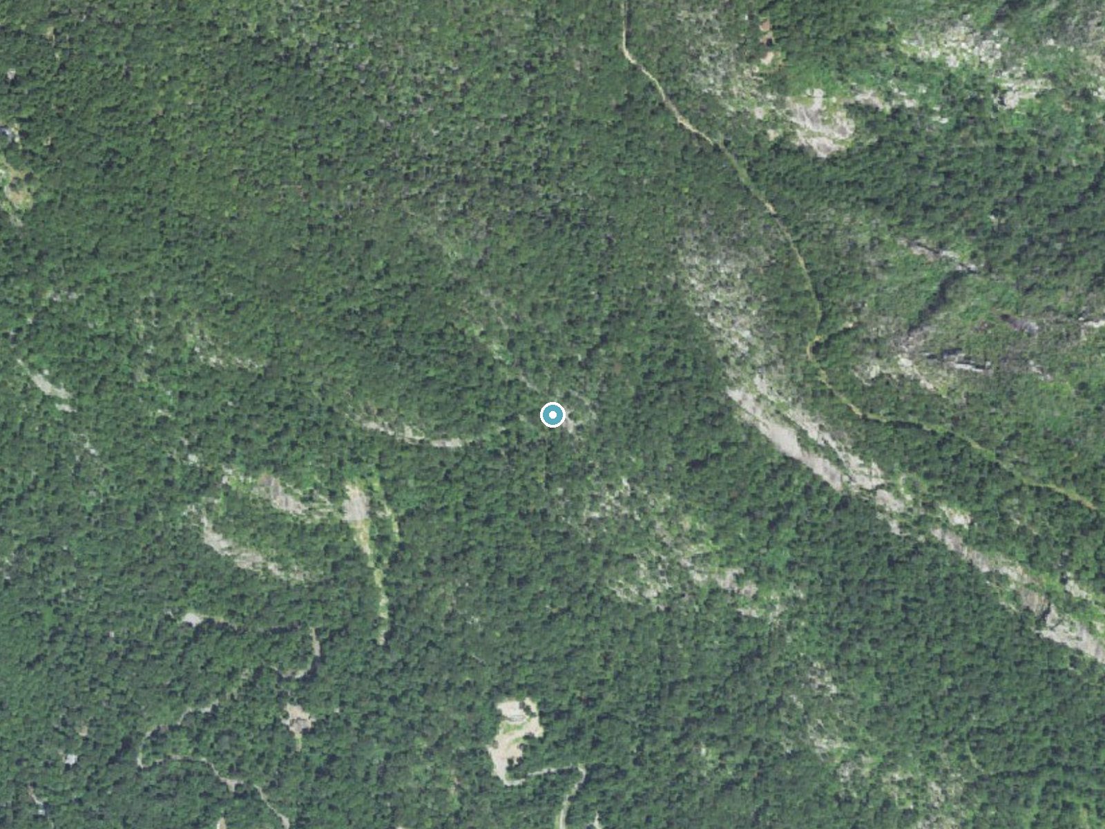 Aerial photo of the same ground around Rainbow Falls near Chimney Rock Village, North Carolina, for comparison with the lidar view