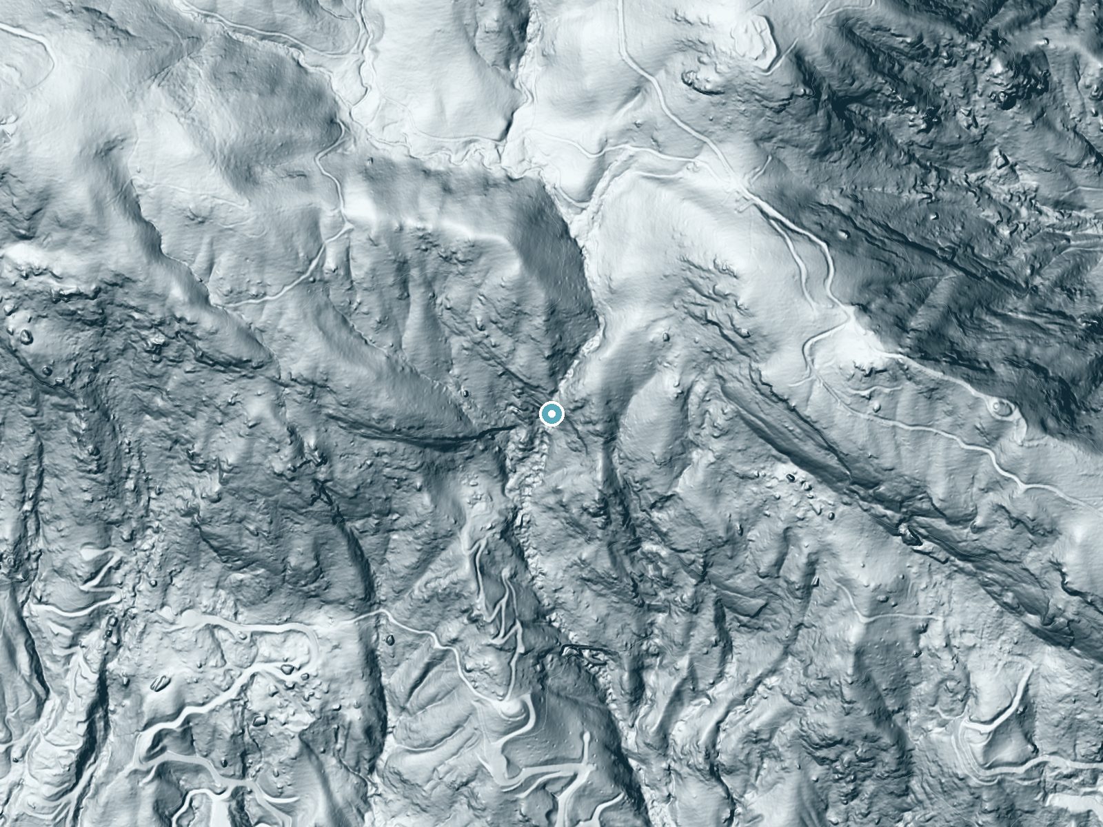 LiDAR bare-earth terrain around Rainbow Falls near Chimney Rock Village, North Carolina, showing about 401 feet of drop, a single sheer drop, facing southwest